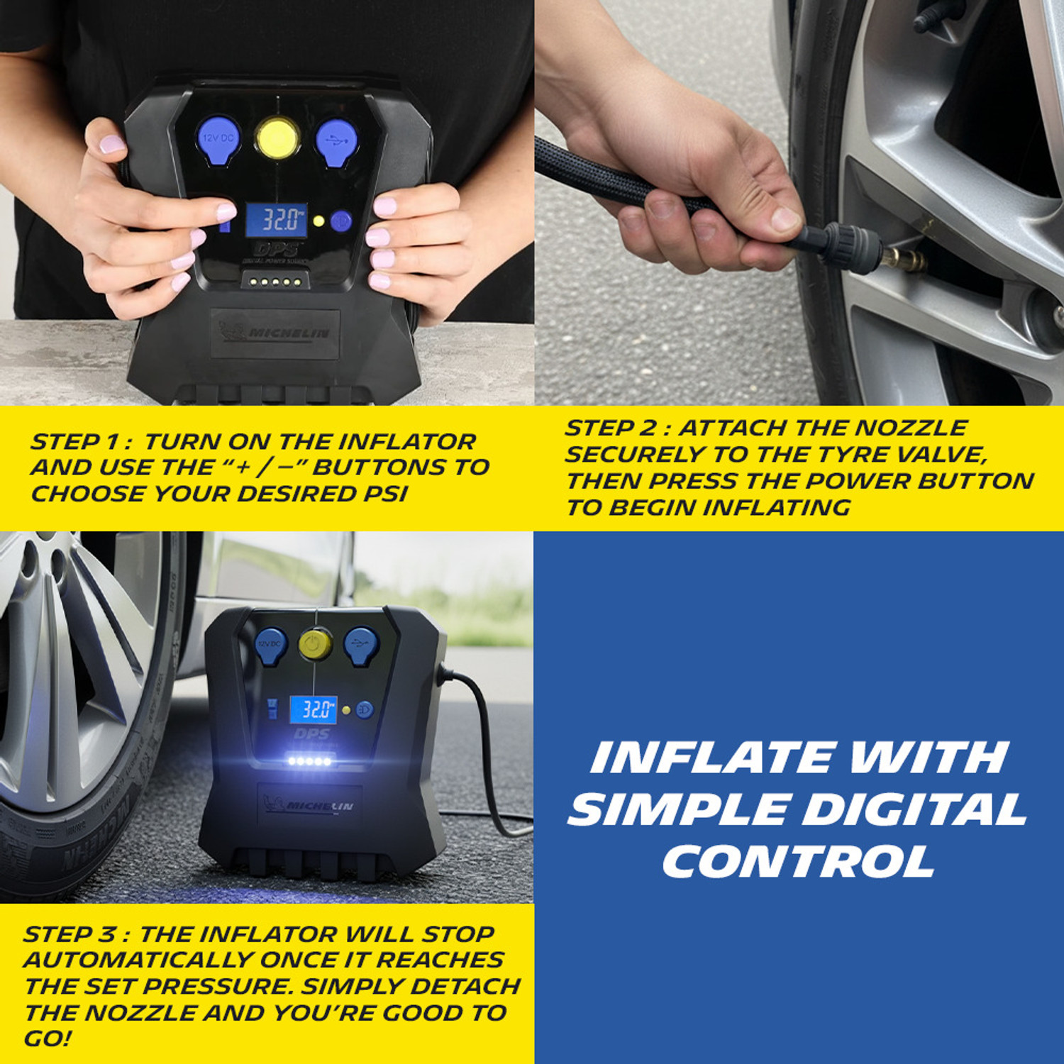 Image of MICHELIN 12V Programmable Digital Tyre Inflator 100 psi Tyre Air Pump for Car & Bike