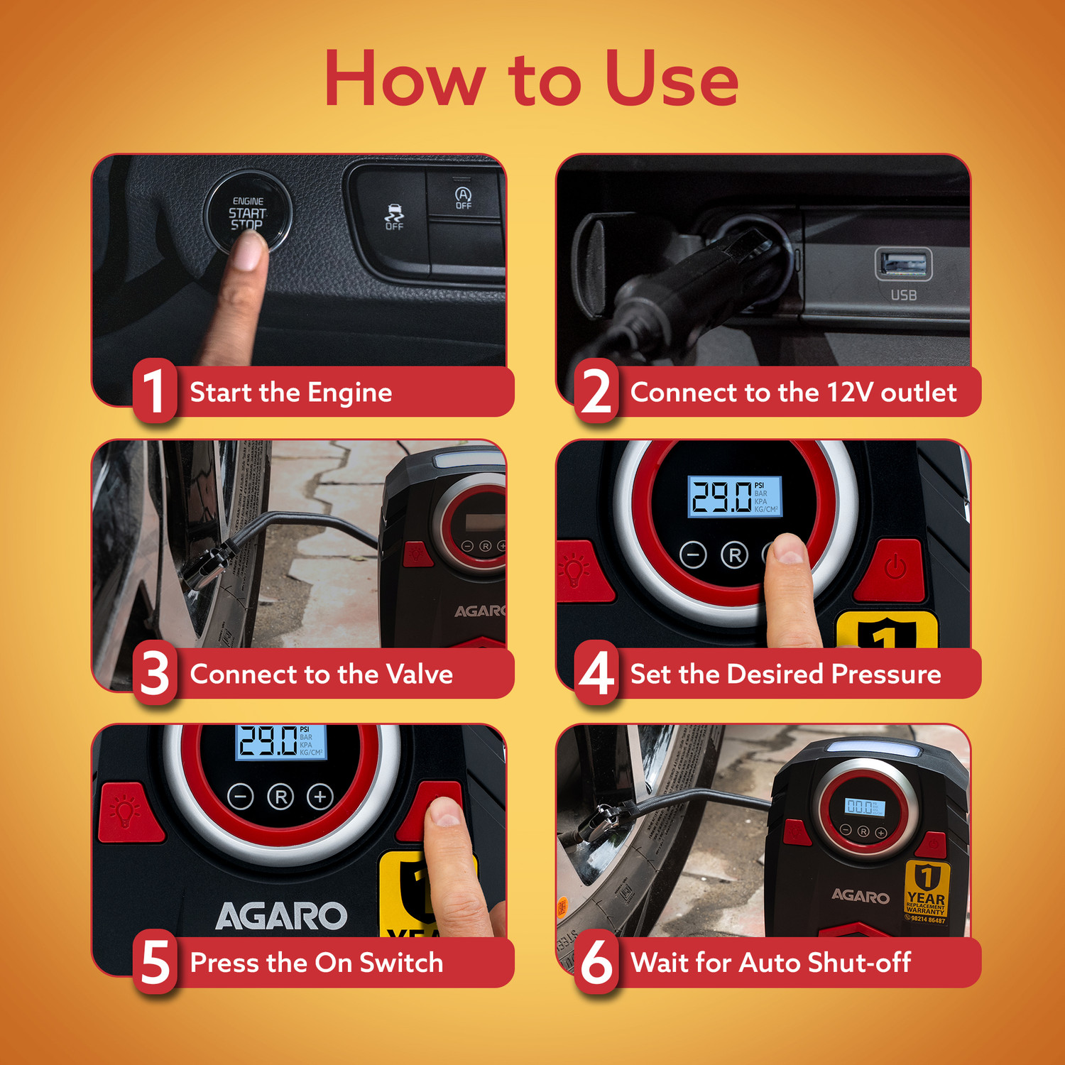 Image of AGARO 150 psi Tyre Air Pump for Car & Bike