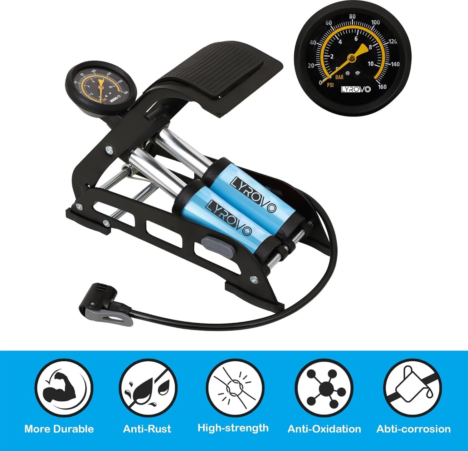 Image of LIRZEG Portable Foot Pump Air Tyre Inflator 161 psi Tyre Air Pump for Car & Bike