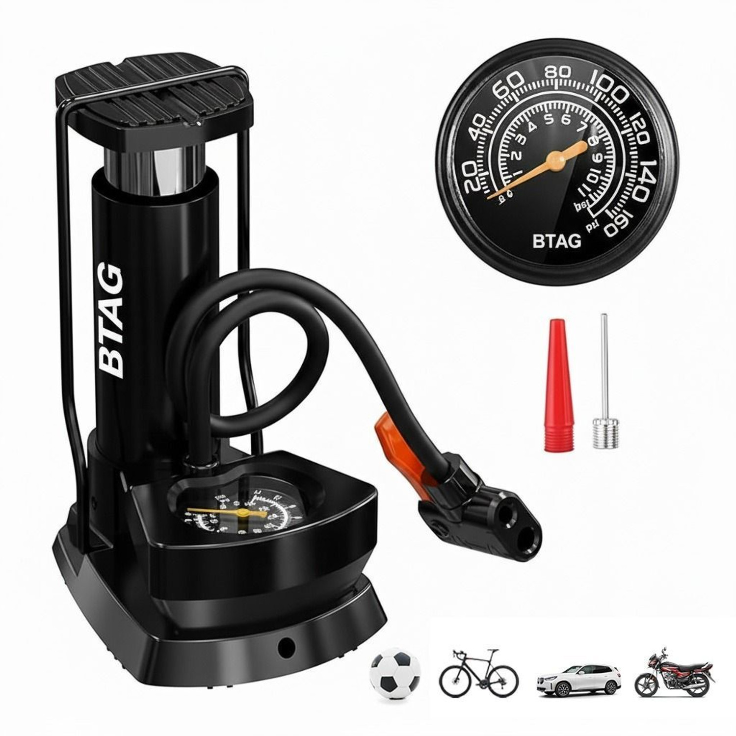 Image of Btag AU003 FOOT AIR PUMP 160 psi Tyre Air Pump for Car & Bike