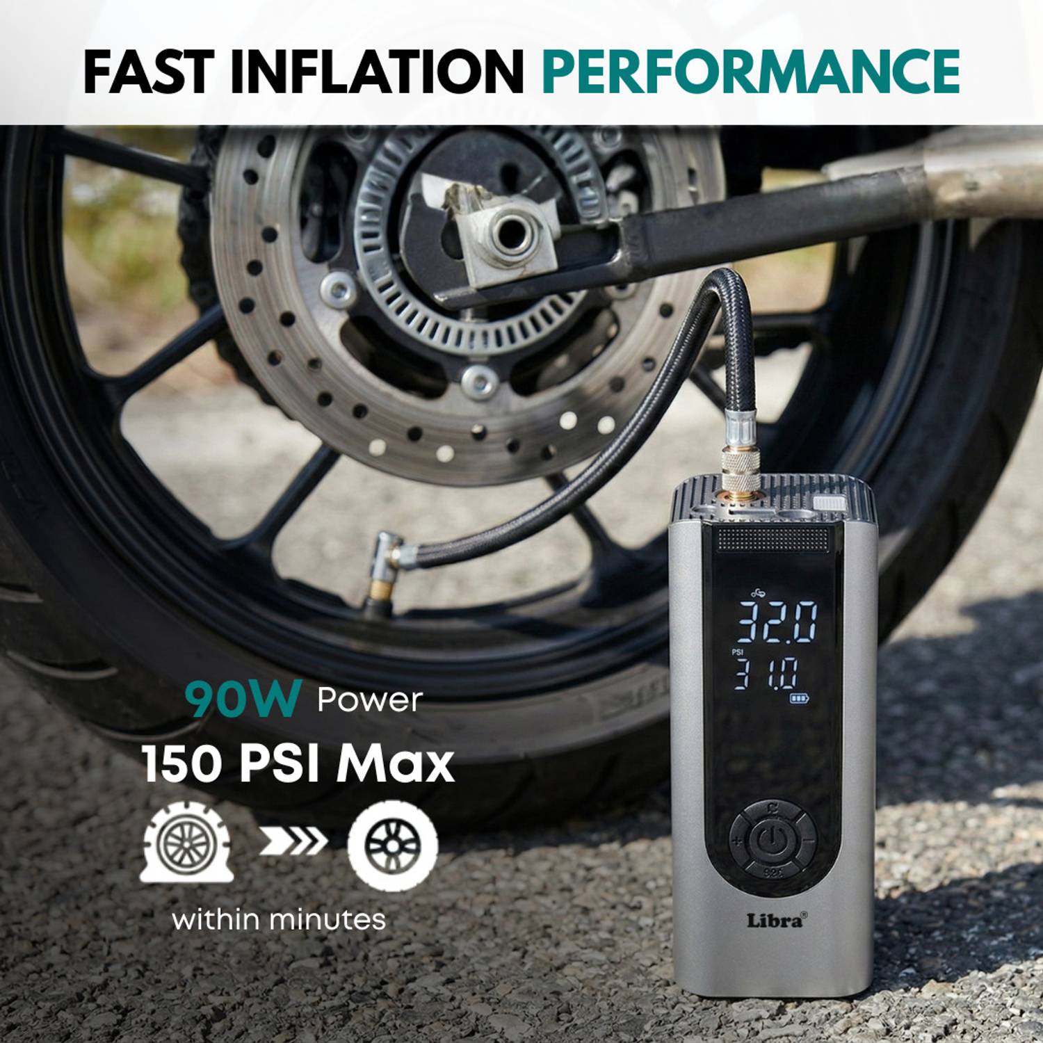 LIBRA 5400mAh 150 psi Tyre Inflator for Car & Bike - Image 3