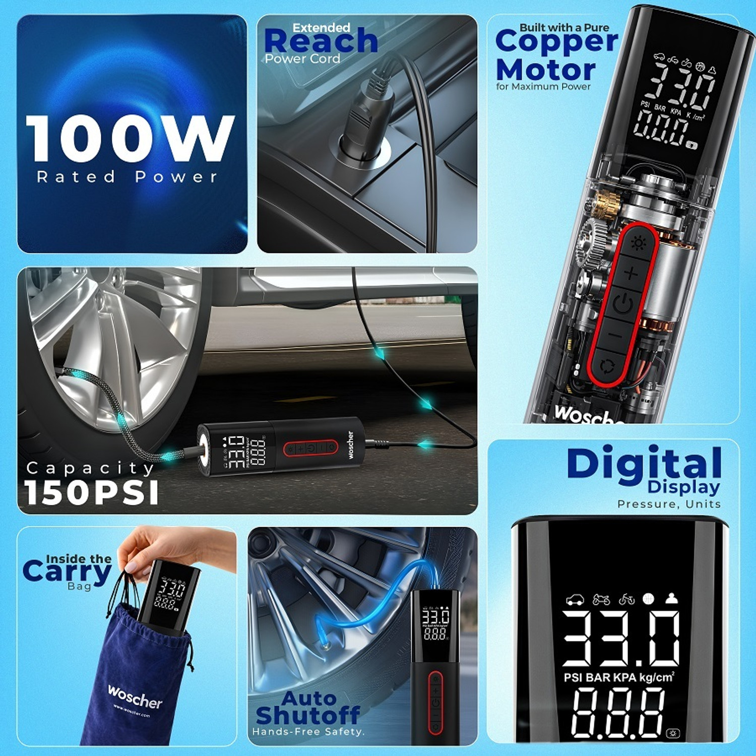 Image of Woscher 501 Corded Digital Tyre Inflator 100W 150 psi Tyre Air Pump for Car & Bike