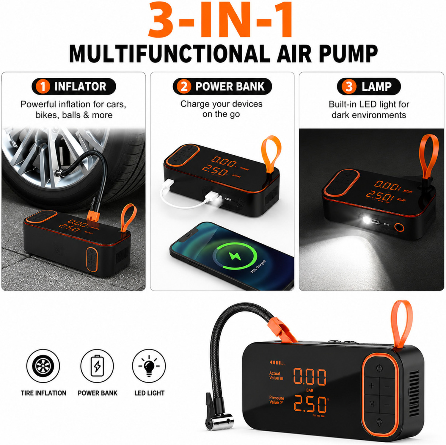 Image of knidaa store Tyre Air Pump for Car & Bike 150 psi 150 psi Tyre Air Pump for Car & Bike