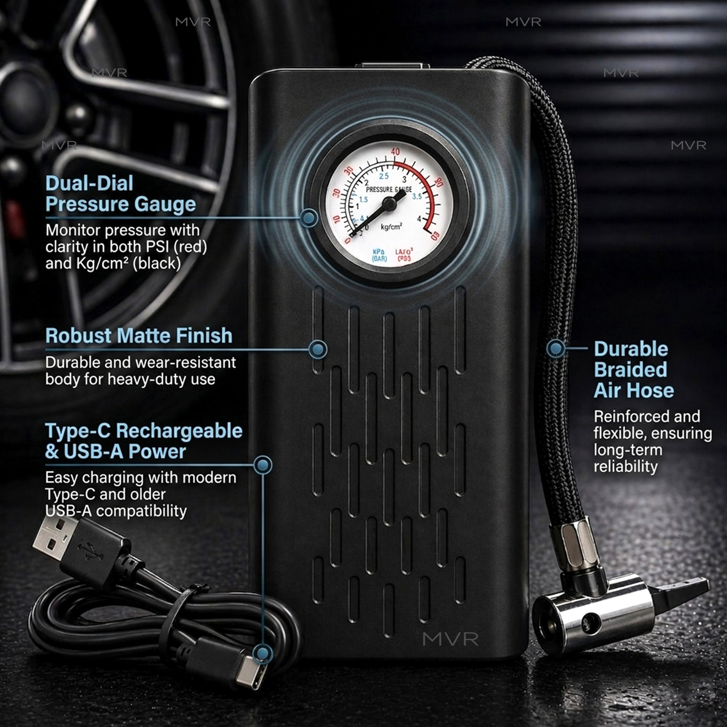 Image of MVR ENTERPRISE Electric Air Compressor Tyre Inflator 150 psi Tyre Air Pump for Car & Bike