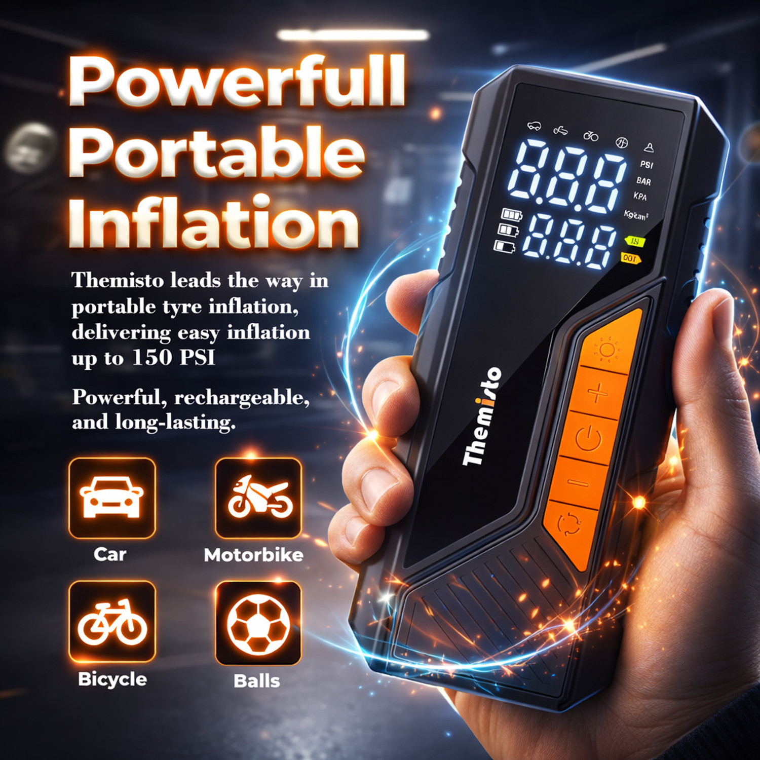 Image of tHemiStO TH-TY04 Cordless Tyre Inflator 12V DC 150 psi Tyre Air Pump for Car & Bike