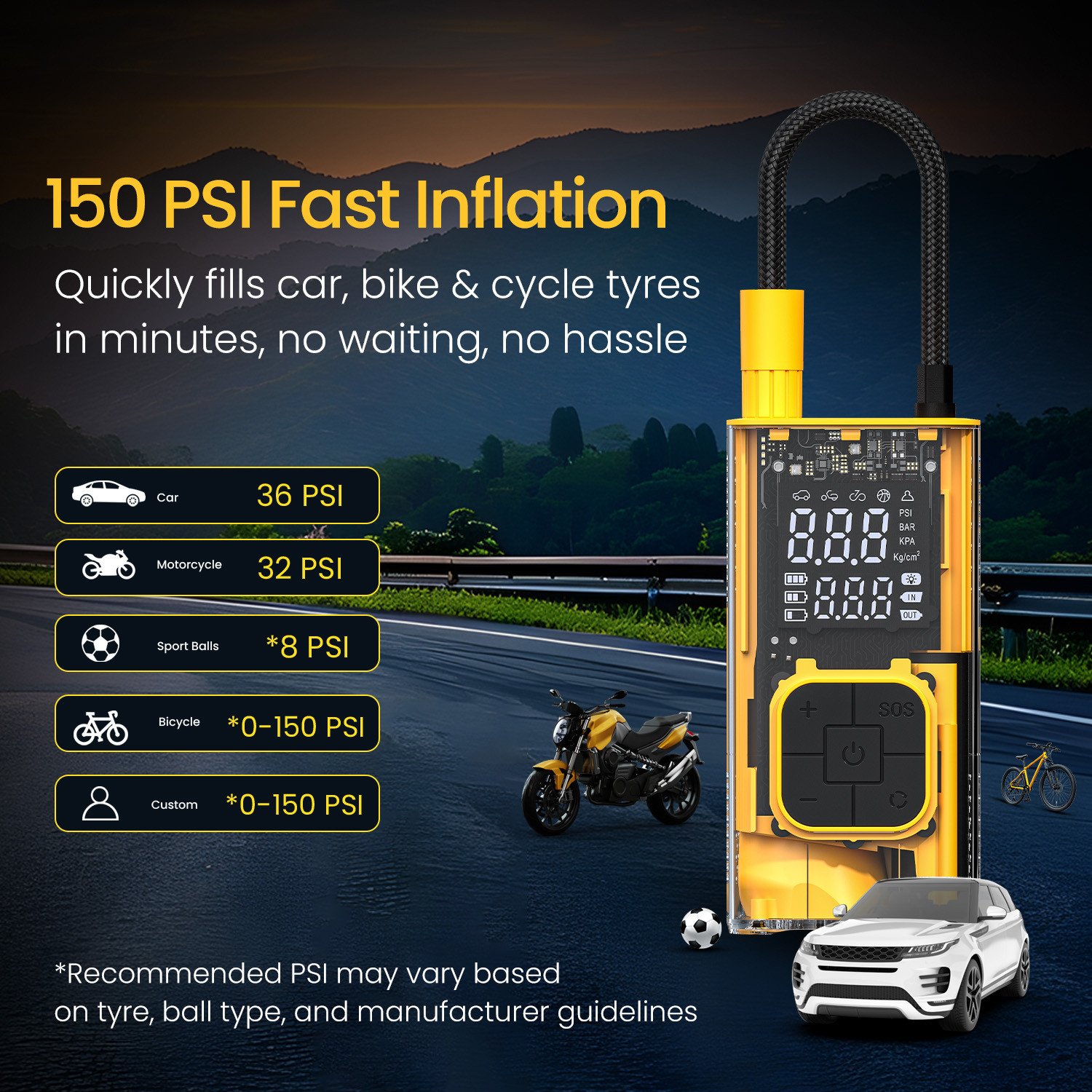Image of Portronics Vayu 3T Rechargeable Tyre Inflator 150 psi Tyre Air Pump for Car & Bike