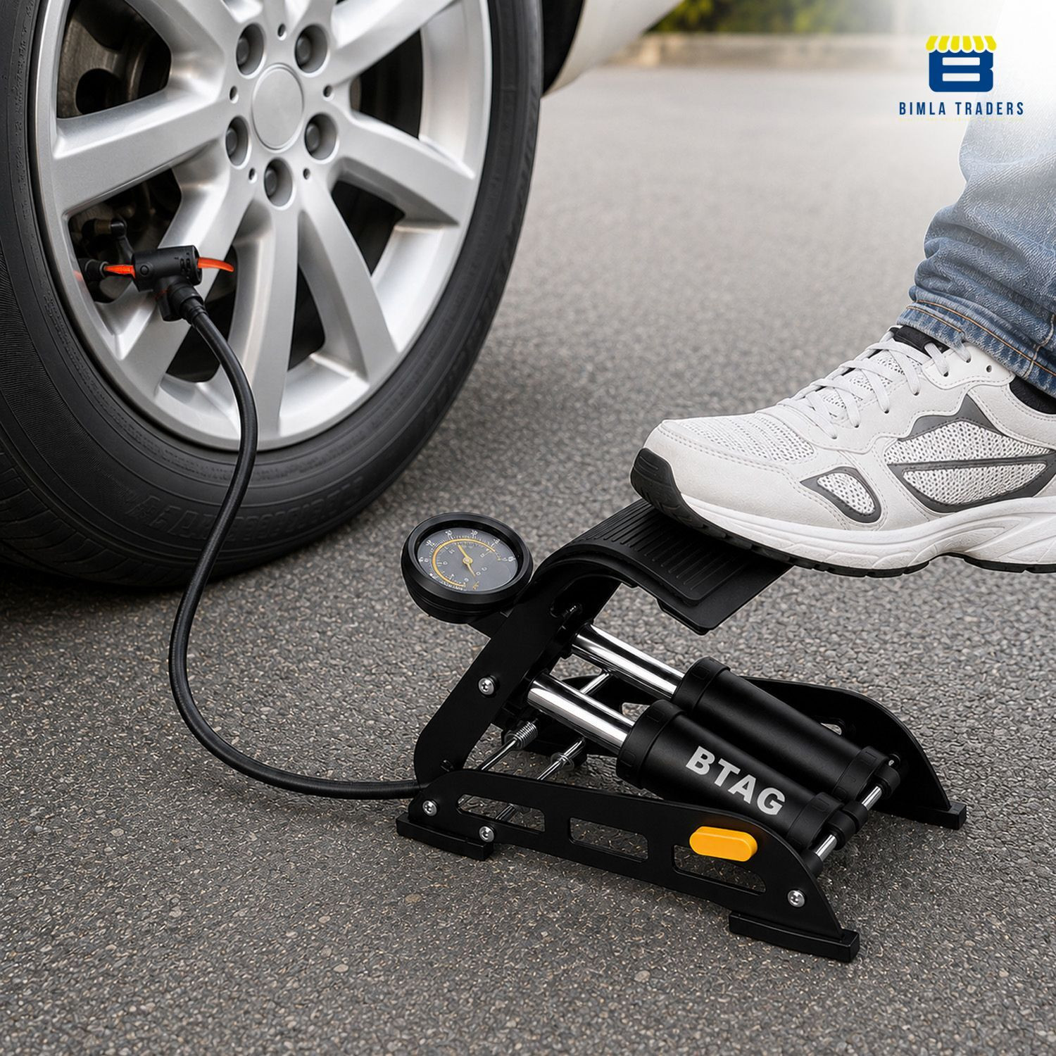 Image of Btag Foot Operated Air Pump (AU007) 161 psi Tyre Air Pump for Car & Bike