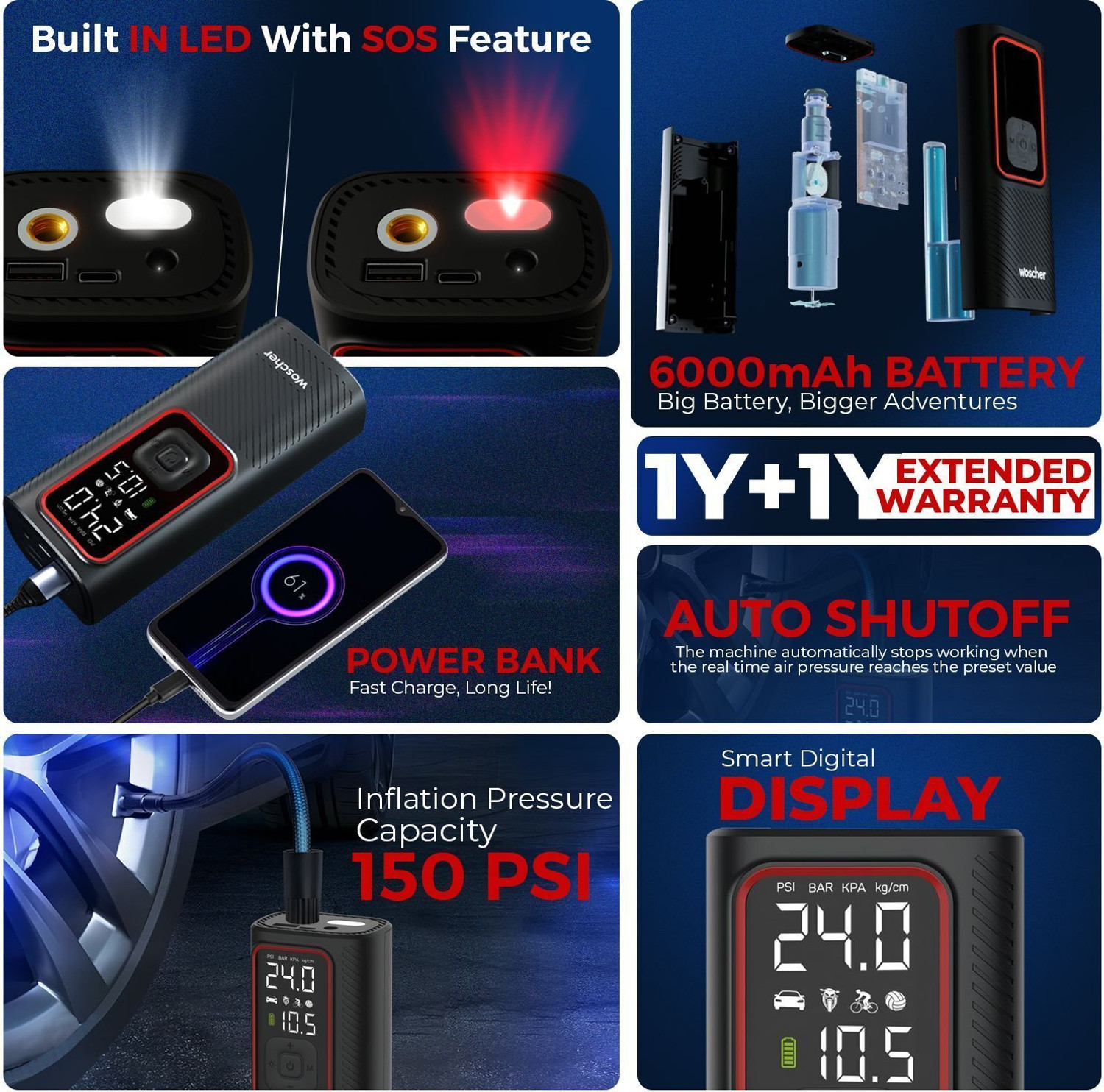 Image of Woscher iX 6000mAh 2in1 Cordless Tyre Inflator 150 psi Tyre Air Pump for Car & Bike