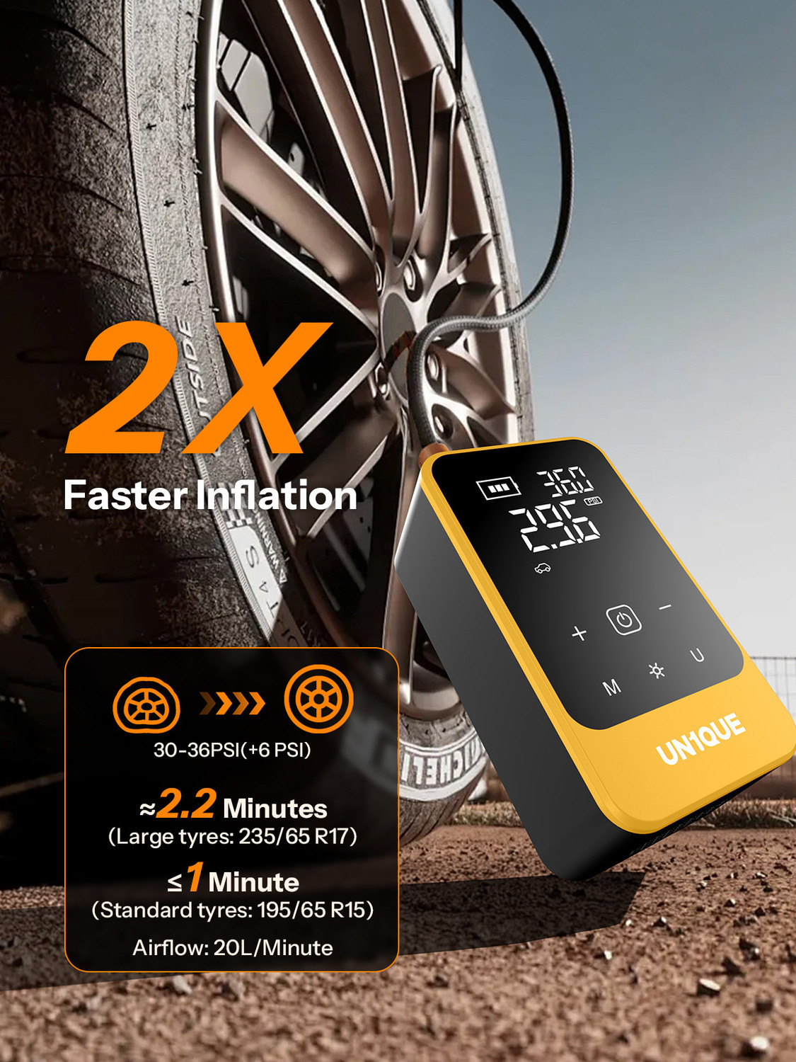 Image of UN1QUE PT610 Tyre Inflator 150 psi Tyre Air Pump for Car & Bike