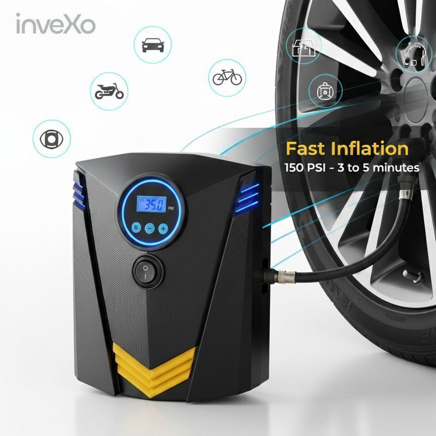 Image of inveXo Digital Car Tyre Inflator Smart-Portable 150 psi Tyre Air Pump for Car & Bike