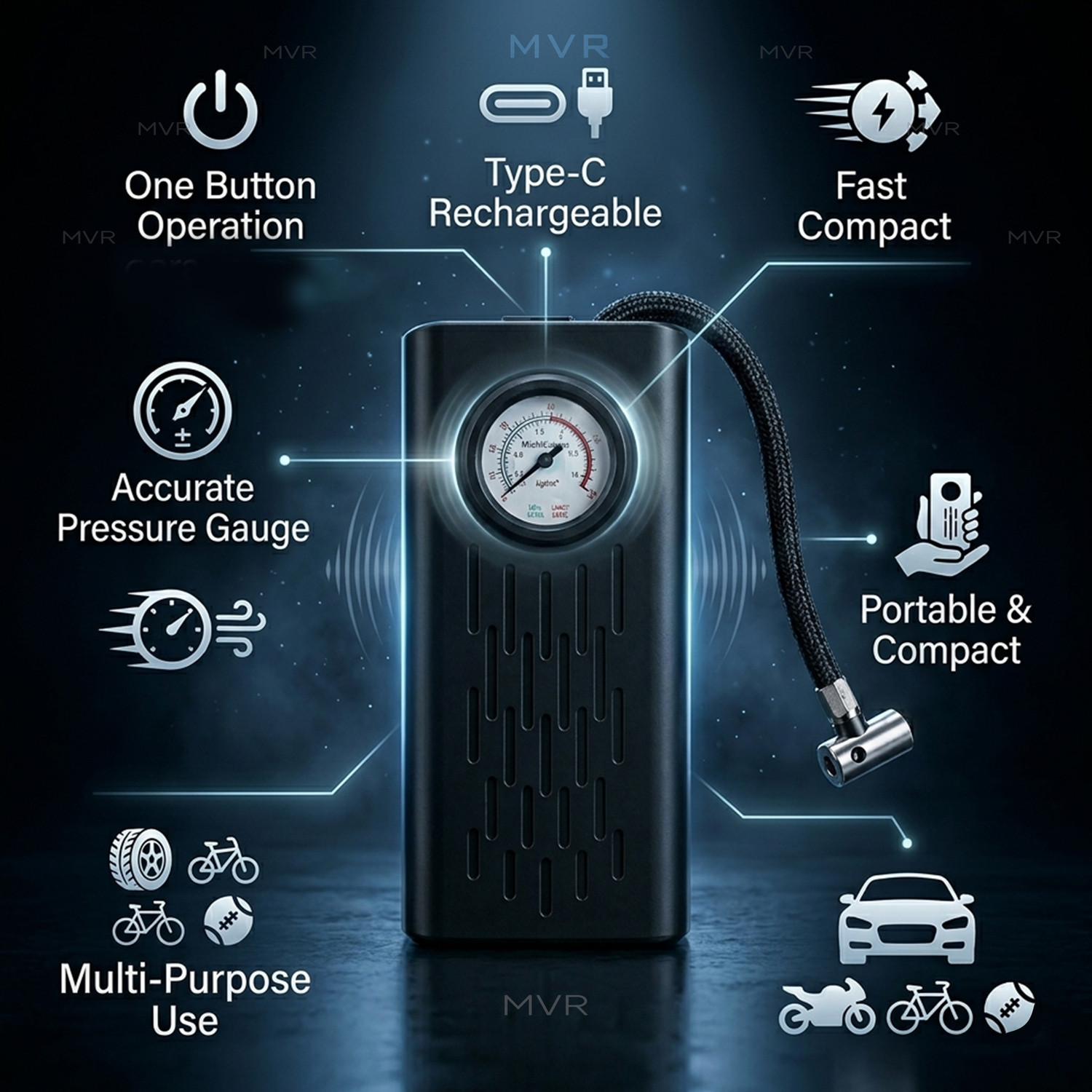 Image of MVR ENTERPRISE Electric Air Compressor Tyre Inflator 150 psi Tyre Air Pump for Car & Bike