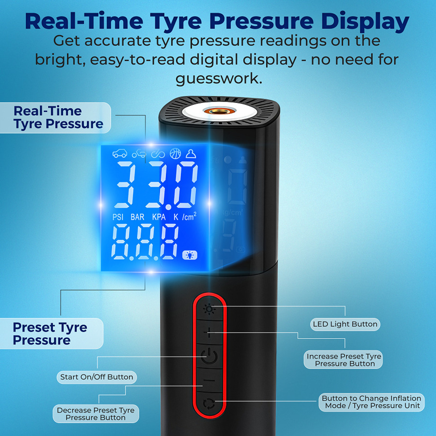 Image of Woscher 501 Corded Digital Tyre Inflator 100W 150 psi Tyre Air Pump for Car & Bike