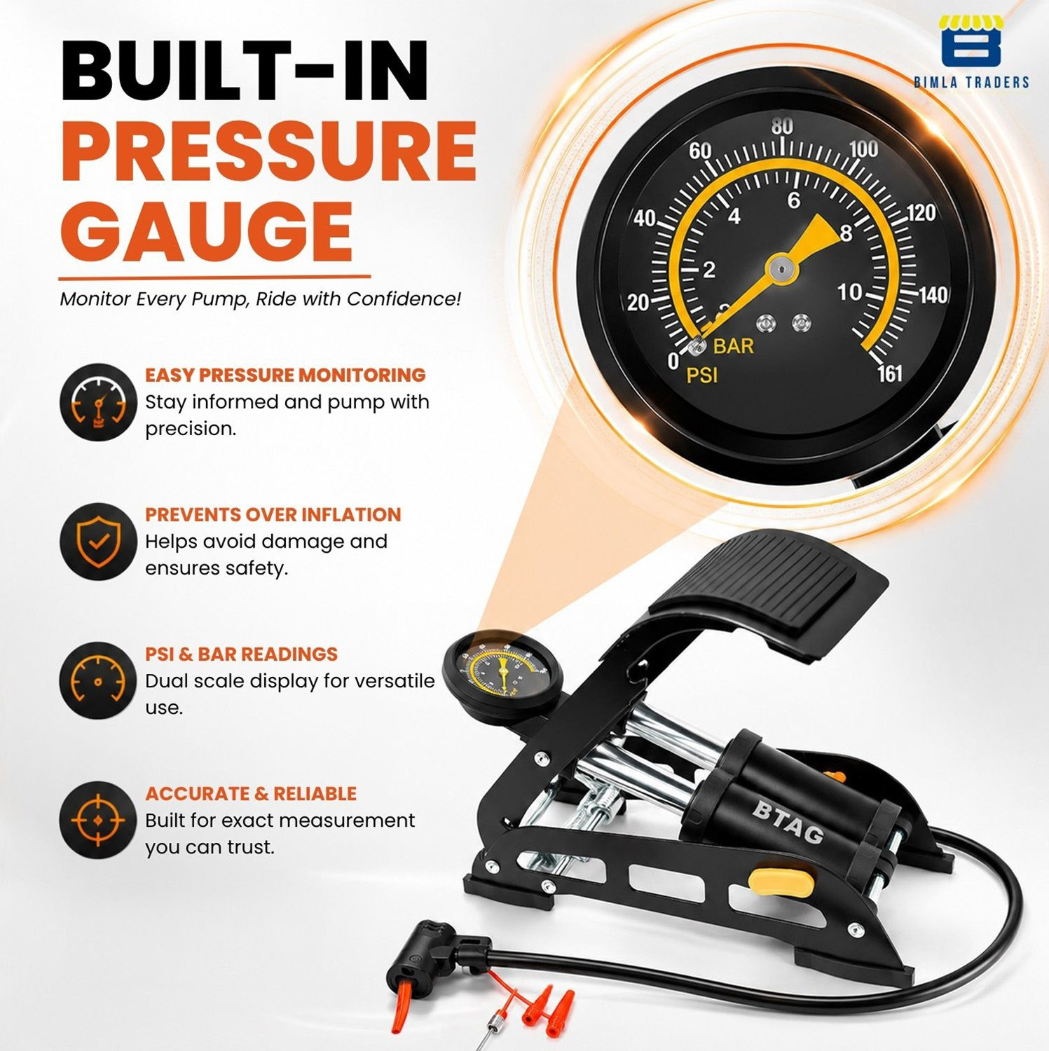 Image of Btag Foot Operated Air Pump (AU007) 161 psi Tyre Air Pump for Car & Bike