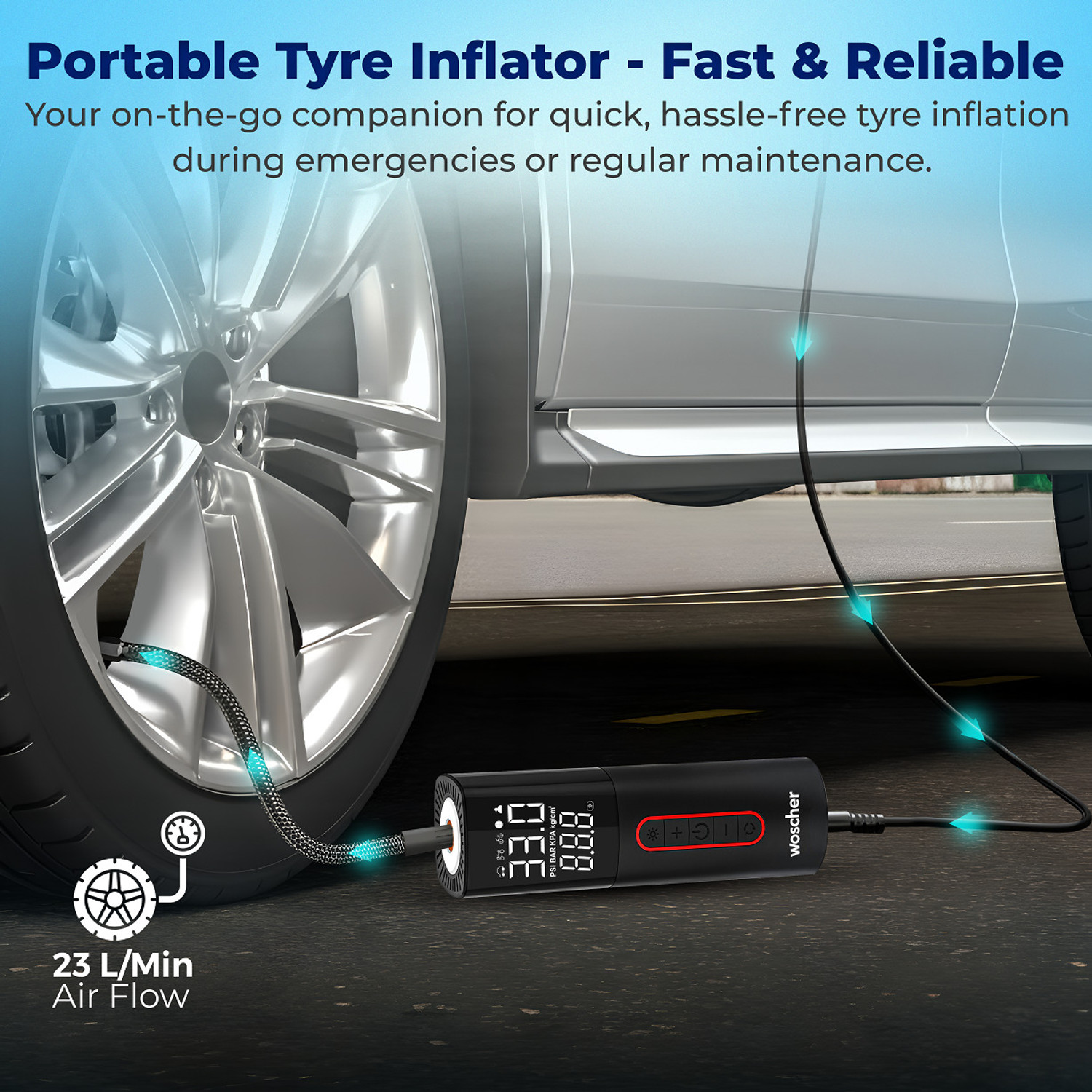 Image of Woscher 501 Corded Digital Tyre Inflator 100W 150 psi Tyre Air Pump for Car & Bike