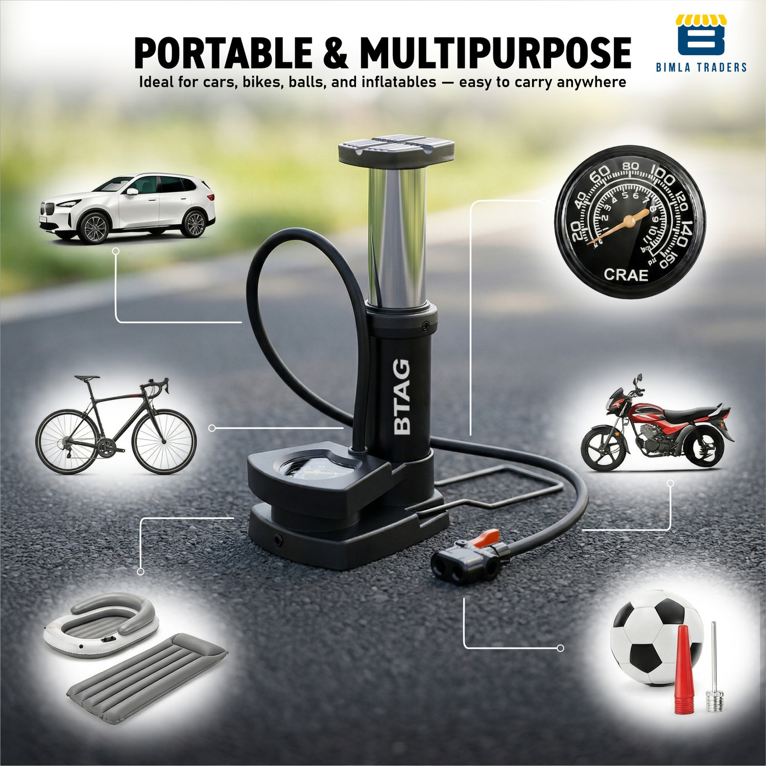 Image of Btag AU003 FOOT AIR PUMP 160 psi Tyre Air Pump for Car & Bike