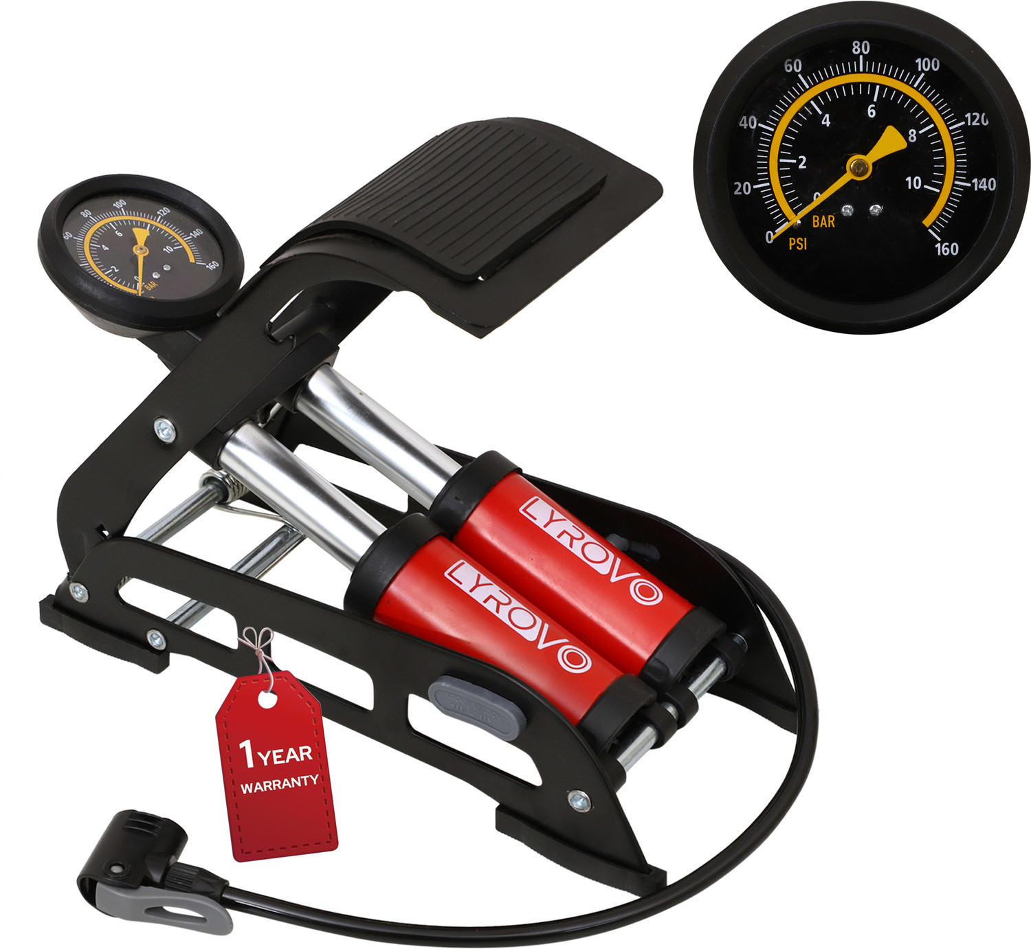 Image of LYROVO 160 PSI Double Cylinder Foot Pump 160 psi Tyre Air Pump for Car & Bike