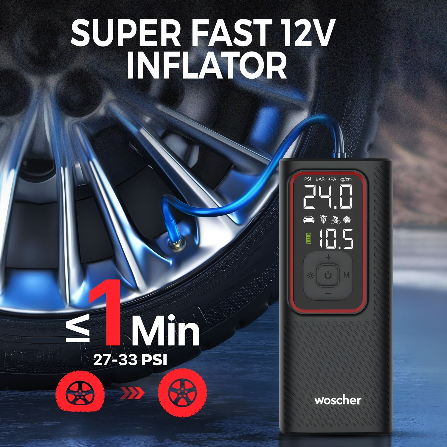 Image of Woscher iX 6000mAh 2in1 Cordless Tyre Inflator 150 psi Tyre Air Pump for Car & Bike
