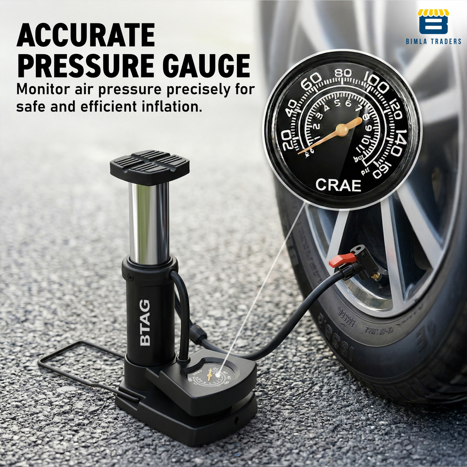 Image of Btag AU003 FOOT AIR PUMP 160 psi Tyre Air Pump for Car & Bike