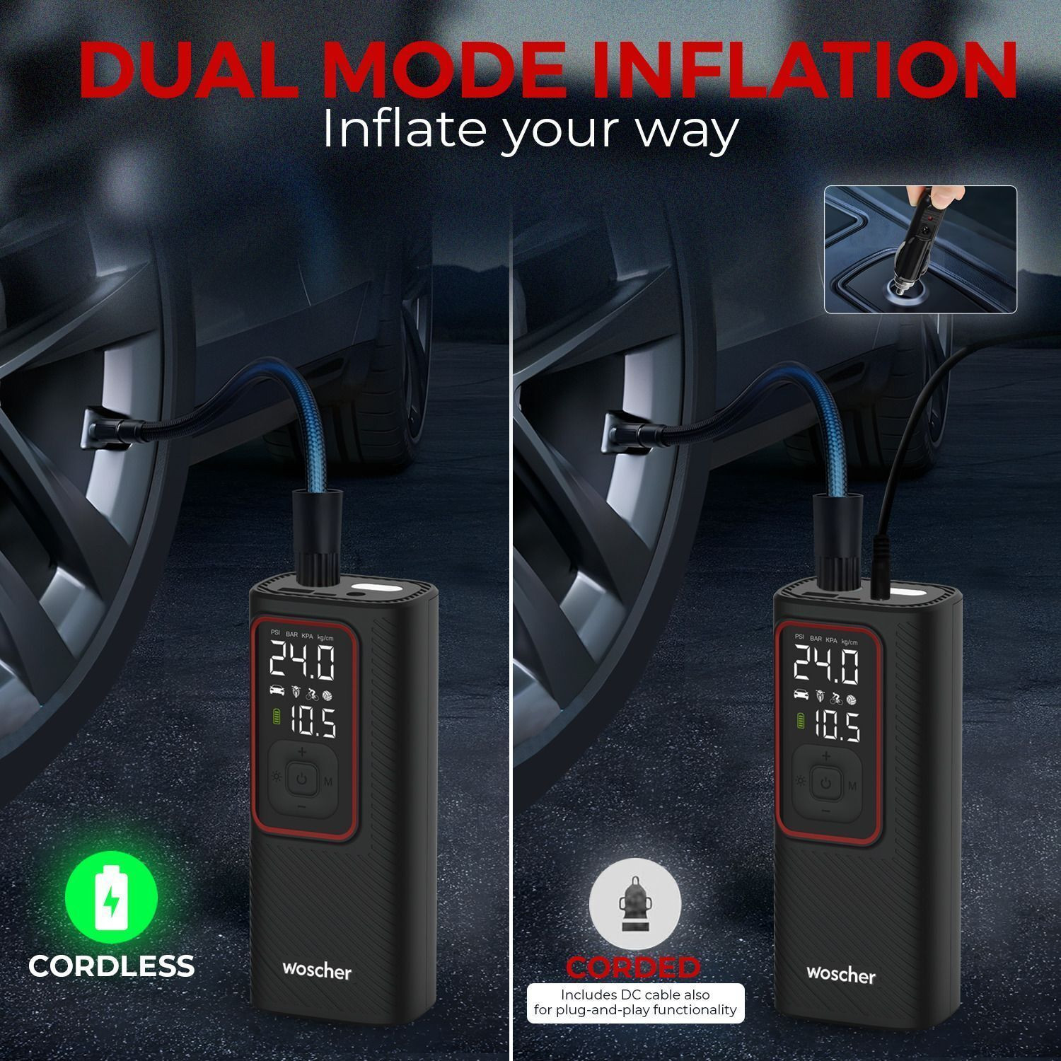 Image of Woscher iX 6000mAh 2in1 Cordless Tyre Inflator 150 psi Tyre Air Pump for Car & Bike