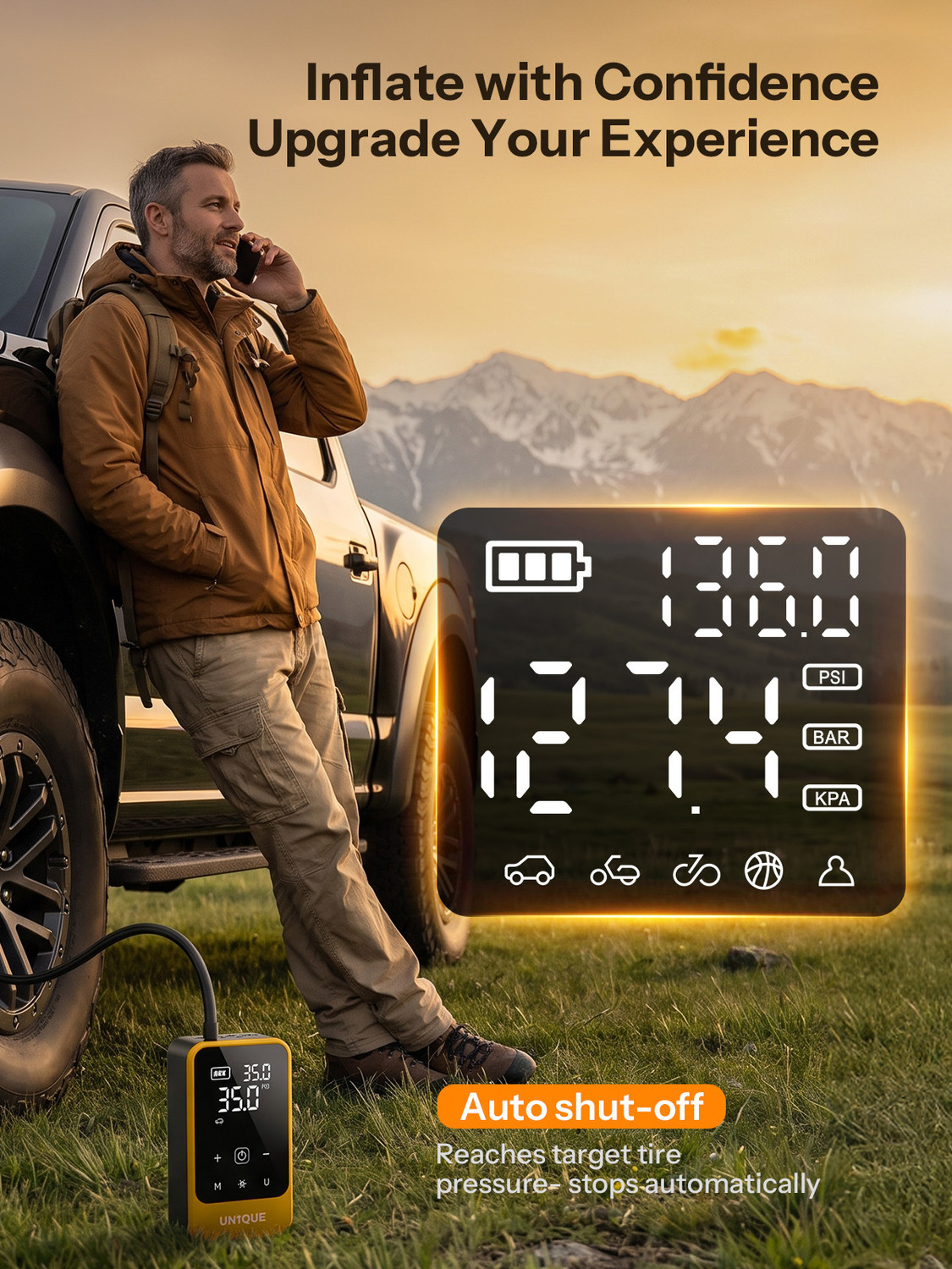 Image of UN1QUE PT610 Tyre Inflator 150 psi Tyre Air Pump for Car & Bike