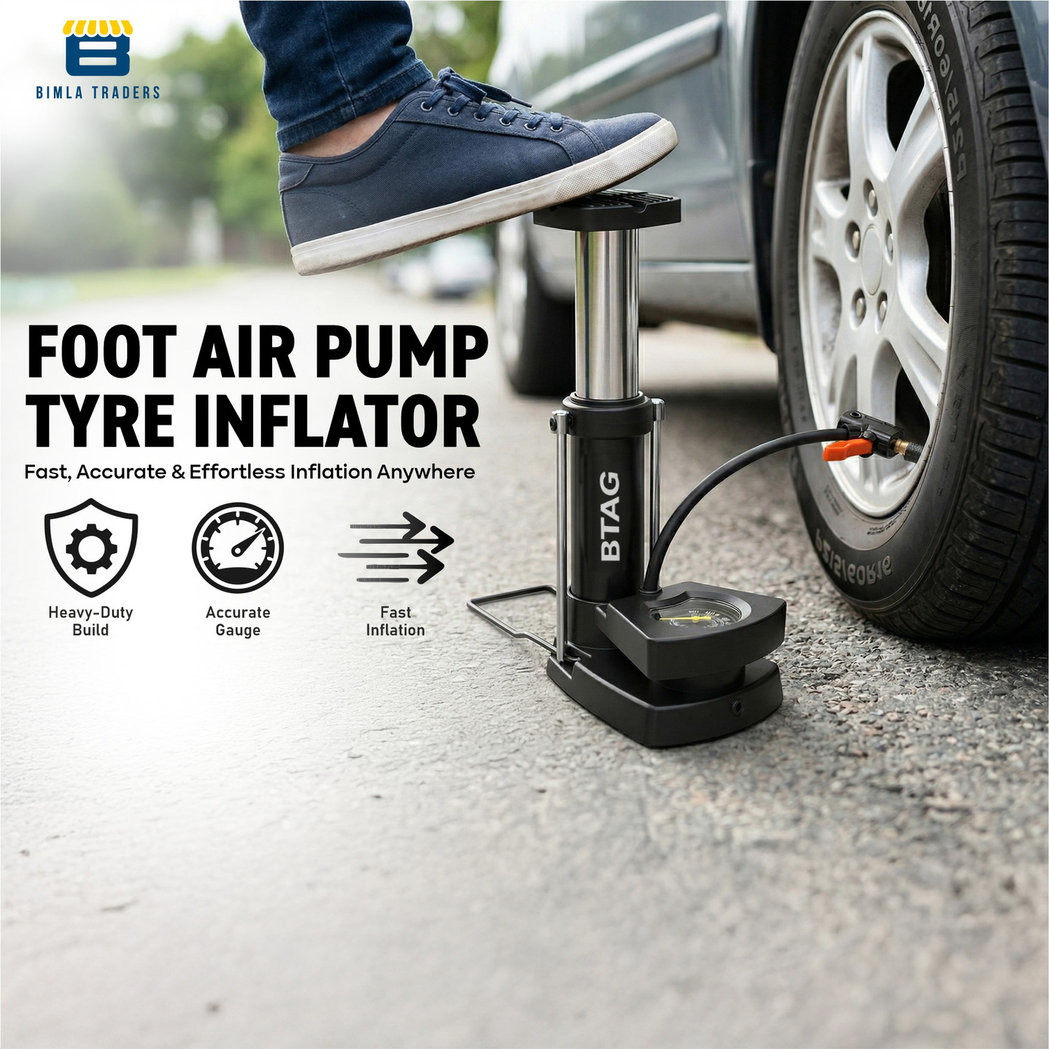 Image of Btag AU003 FOOT AIR PUMP 160 psi Tyre Air Pump for Car & Bike