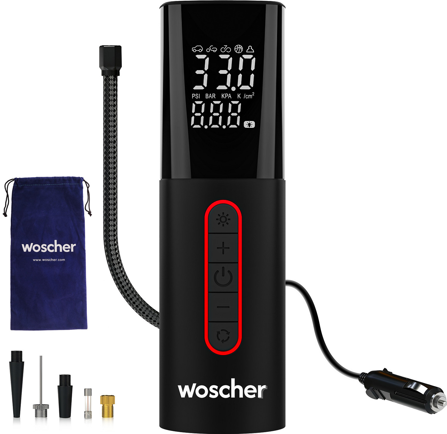 Image of Woscher 501 Corded Digital Tyre Inflator 100W 150 psi Tyre Air Pump for Car & Bike