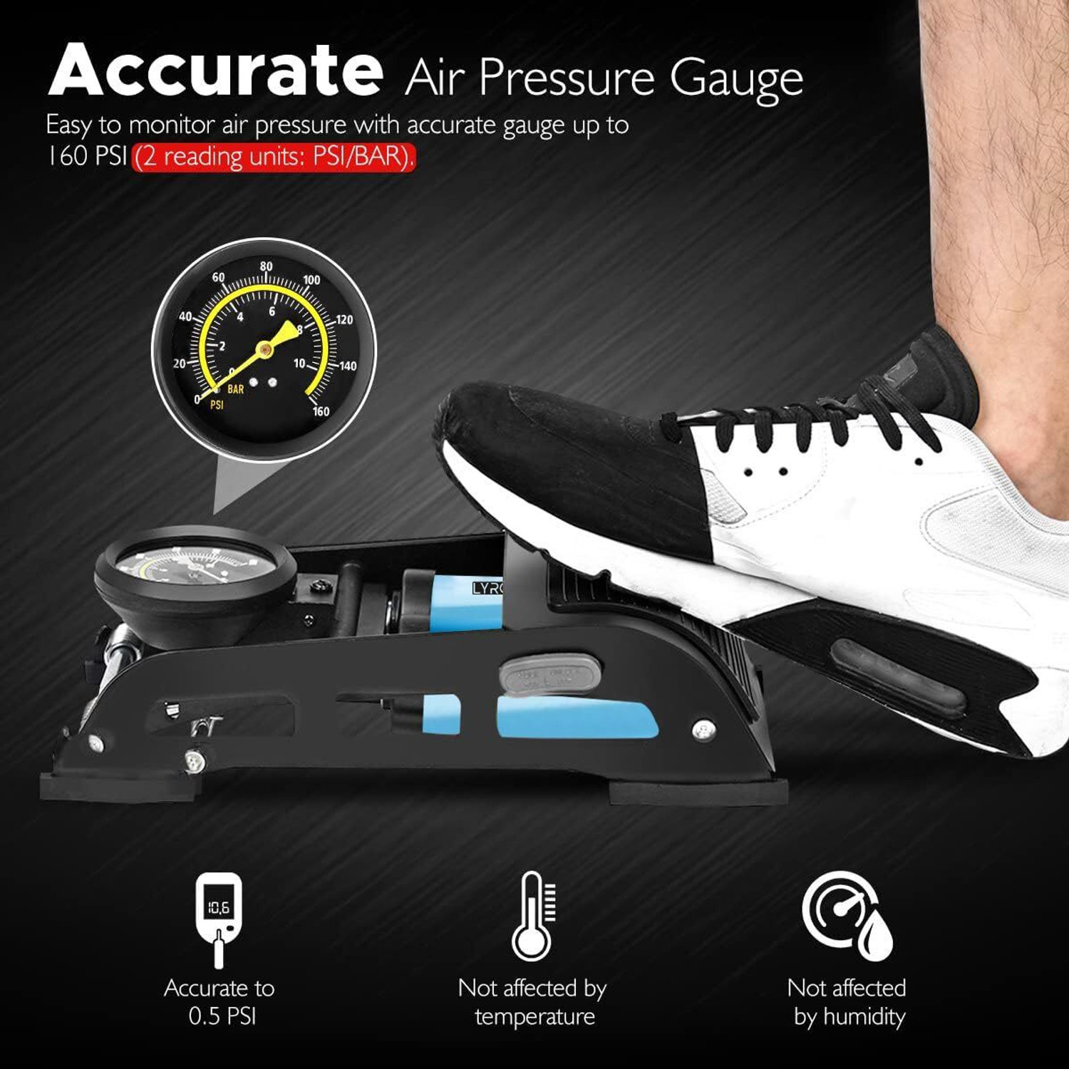 Image of LIRZEG Portable Foot Pump Air Tyre Inflator 161 psi Tyre Air Pump for Car & Bike