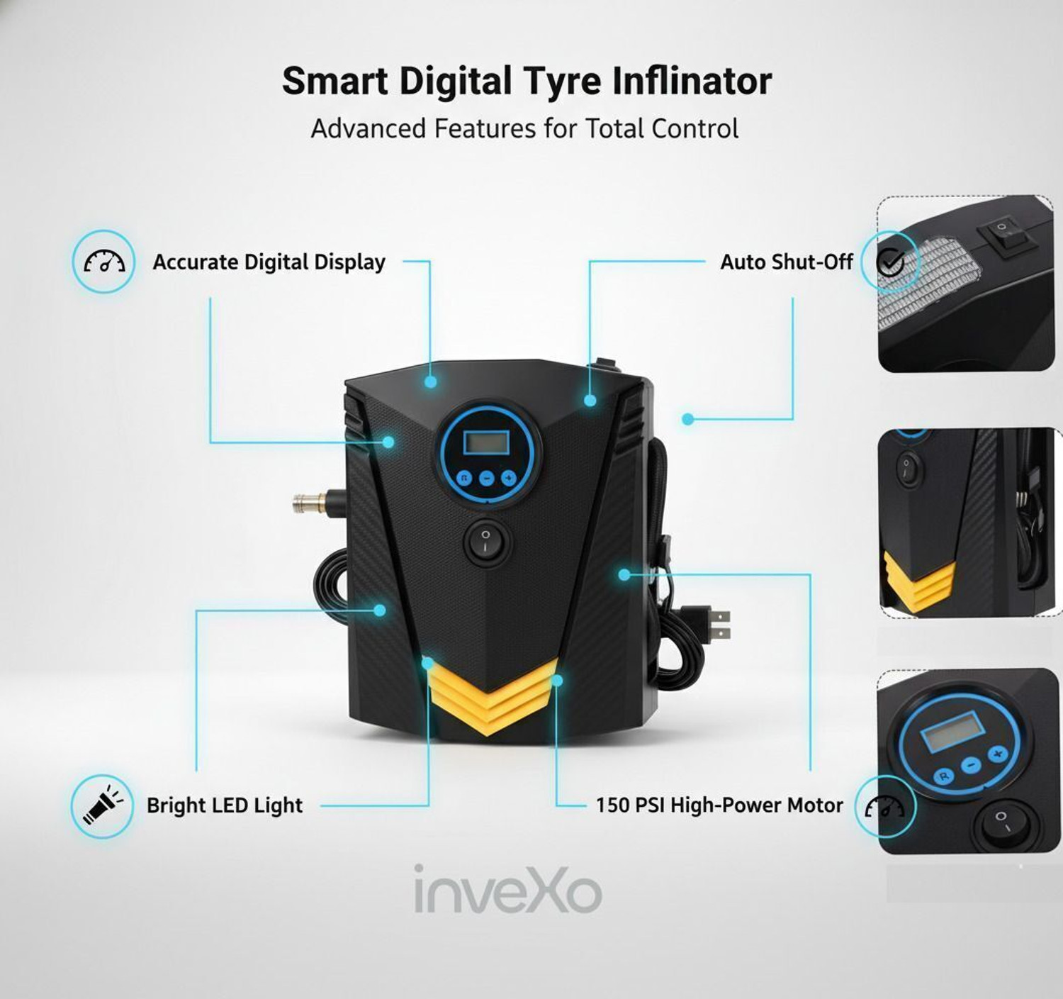 Image of inveXo Digital Car Tyre Inflator Smart-Portable 150 psi Tyre Air Pump for Car & Bike
