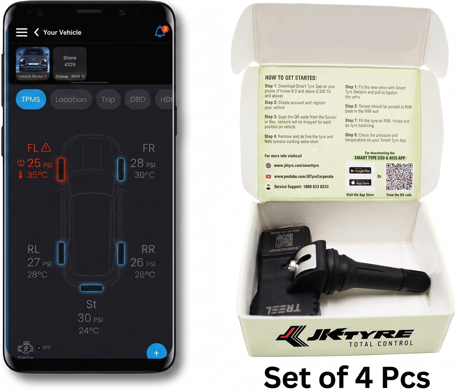 Image of JK TYRE Smart Tyre Pressure Gauge Set of 4, Compatible Android Auto & Carplay | Bluetooth | TPMS for Car