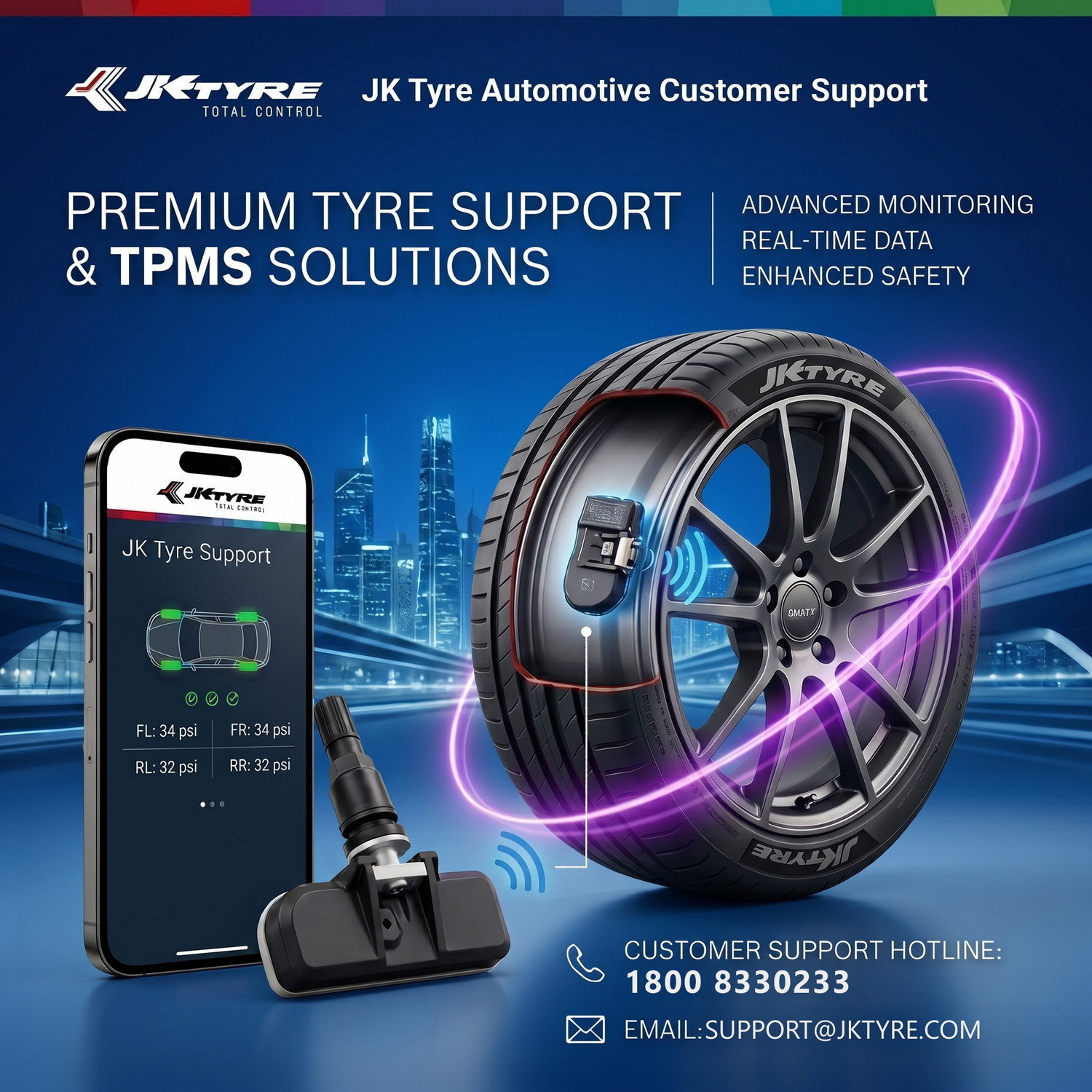 Image of JK TYRE Smart Tyre Pressure Gauge Set of 4, Compatible Android Auto & Carplay | Bluetooth | TPMS for Car
