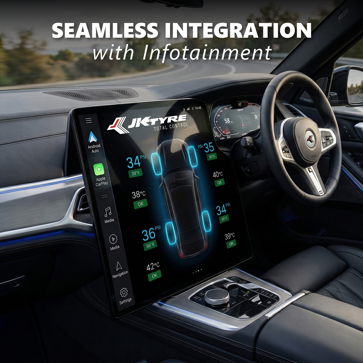 Image of JK TYRE Smart Tyre Pressure Gauge Set of 4, Compatible Android Auto & Carplay | Bluetooth | TPMS for Car