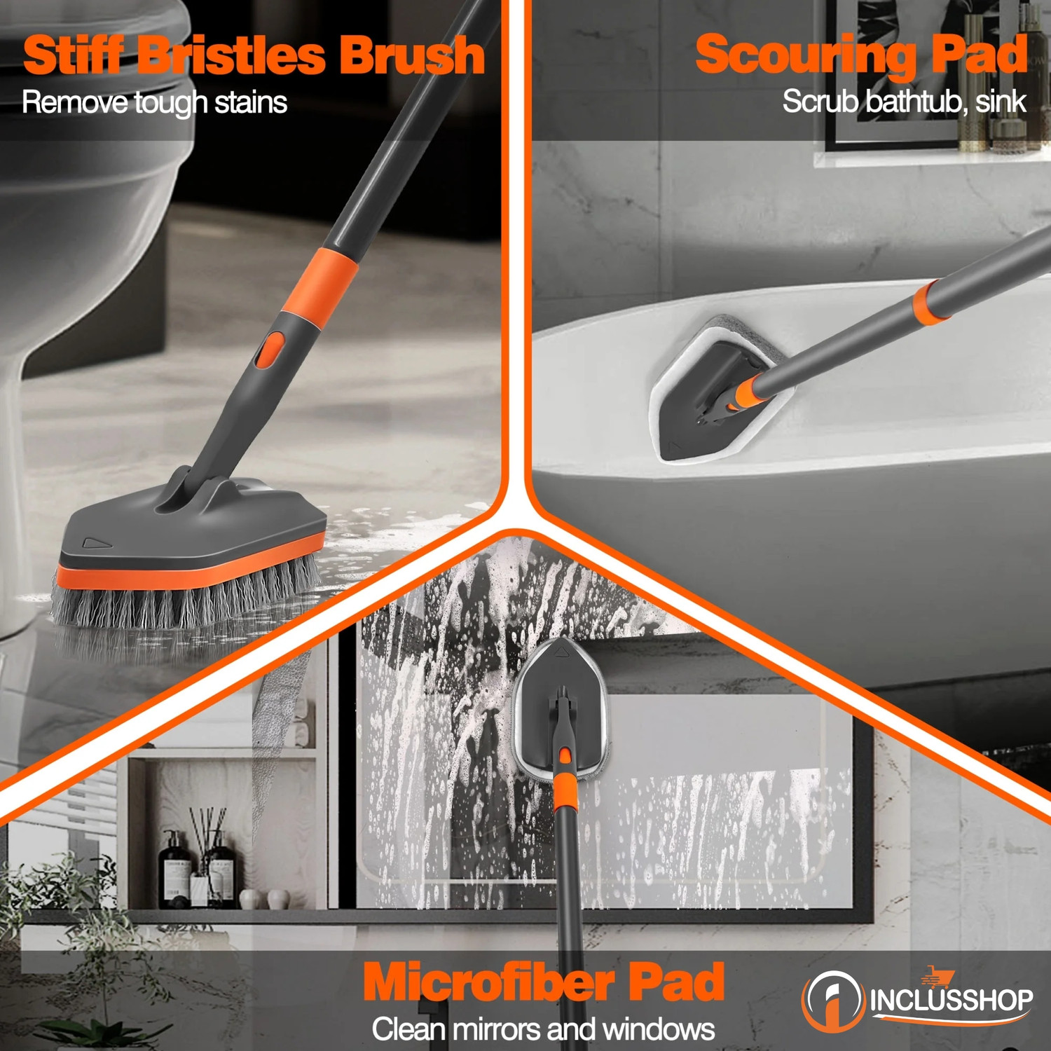 Image of INCLUSSHOP Bathroom Cleaning Brush with Long Handle for Tiles, Floor, Toilet, Window, Glass with Holder