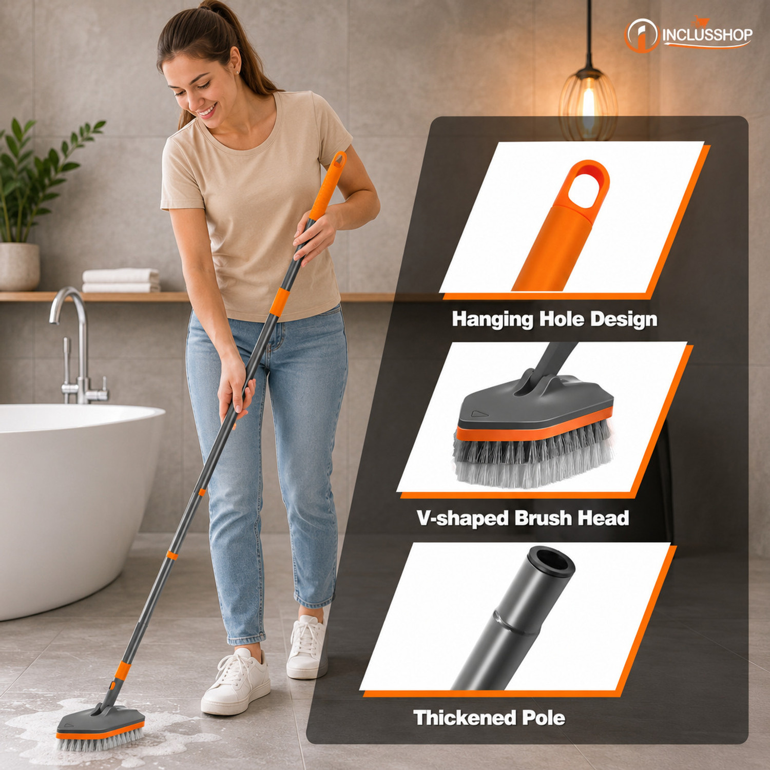 Image of INCLUSSHOP Bathroom Cleaning Brush with Long Handle for Tiles, Floor, Toilet, Window, Glass with Holder