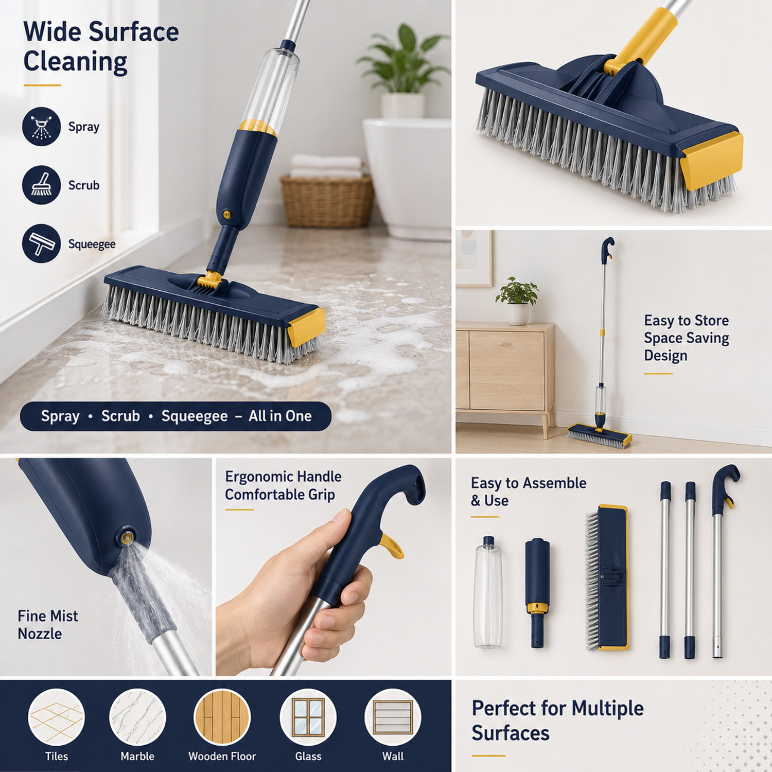 Image of UBIETY 3 in 1 Bathroom Cleaning Brush, Tile Cleaner Brush, Wiper With Long Handle