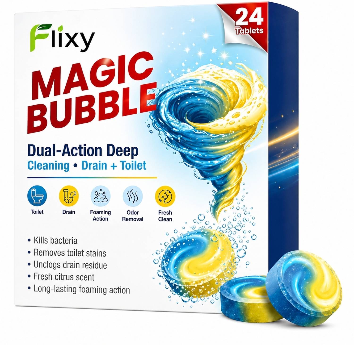 FLIXY Magic Bubble Dual-Action Deep Clean Tablets 24 Pack Lemon W