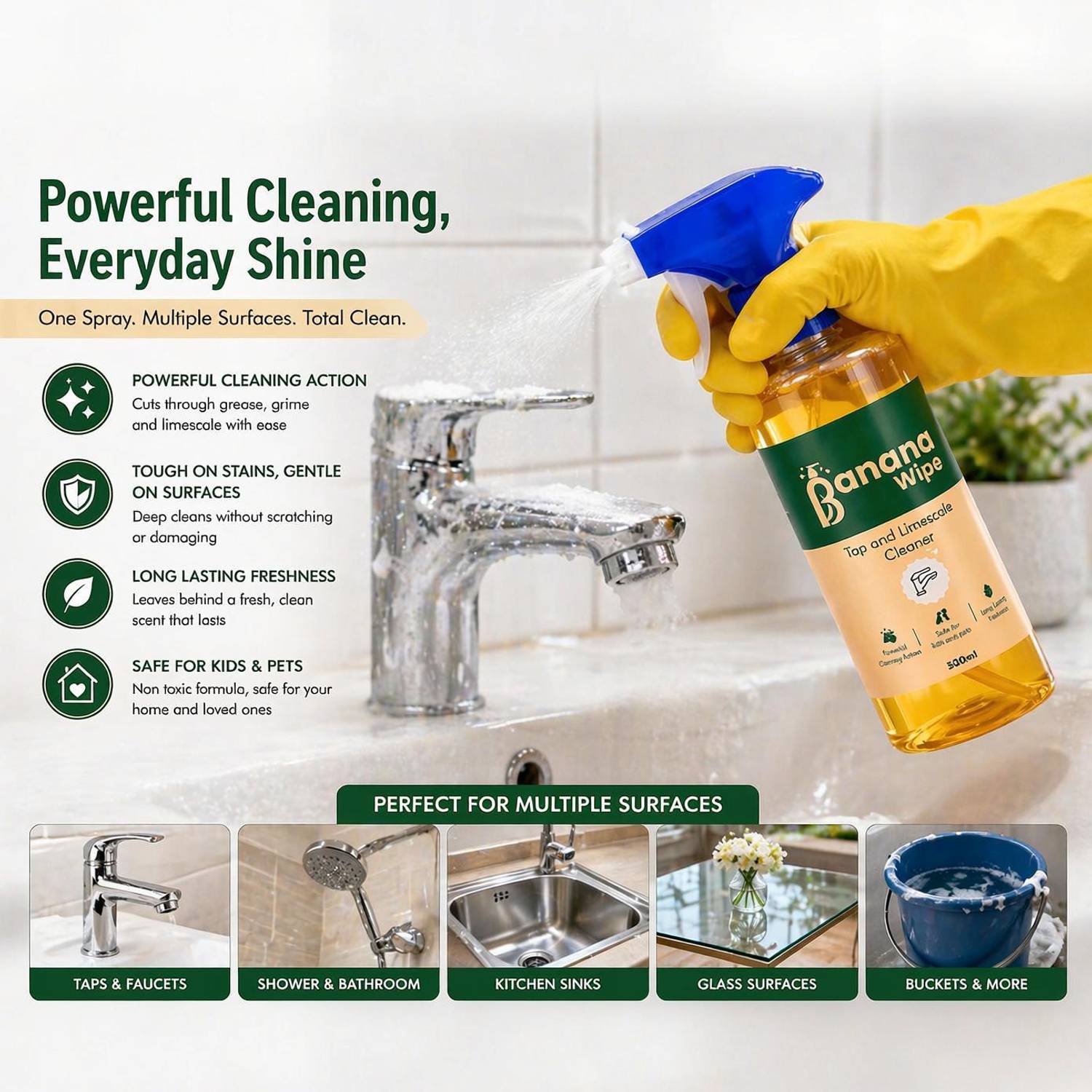 Bananawipe Tap & Sink Cleaner Spray 500ml | Removes Scale Rust & Stains Jasmine Liquid Toilet Cleaner