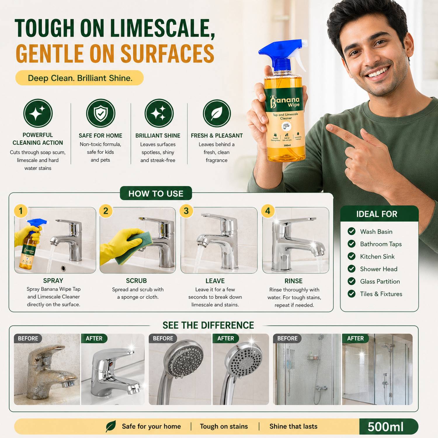 Bananawipe Limescale Remover Spray 500ml | Tap Sink Rust & Hard Water Cleaner Jasmine Liquid Toilet Cleaner