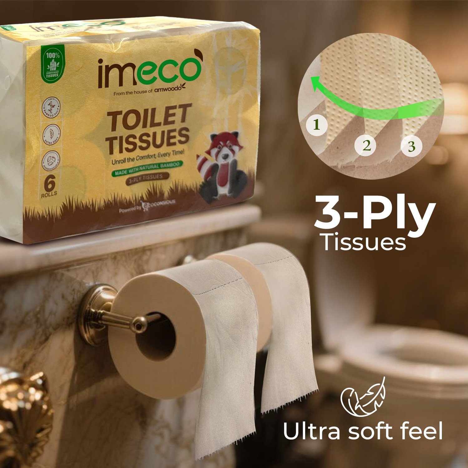 Image of IMECO Bamboo Toilet Tissue 960 Pulls | 6 Rolls Pack | Unbleached, Soft & Absorbent | Toilet Paper Roll