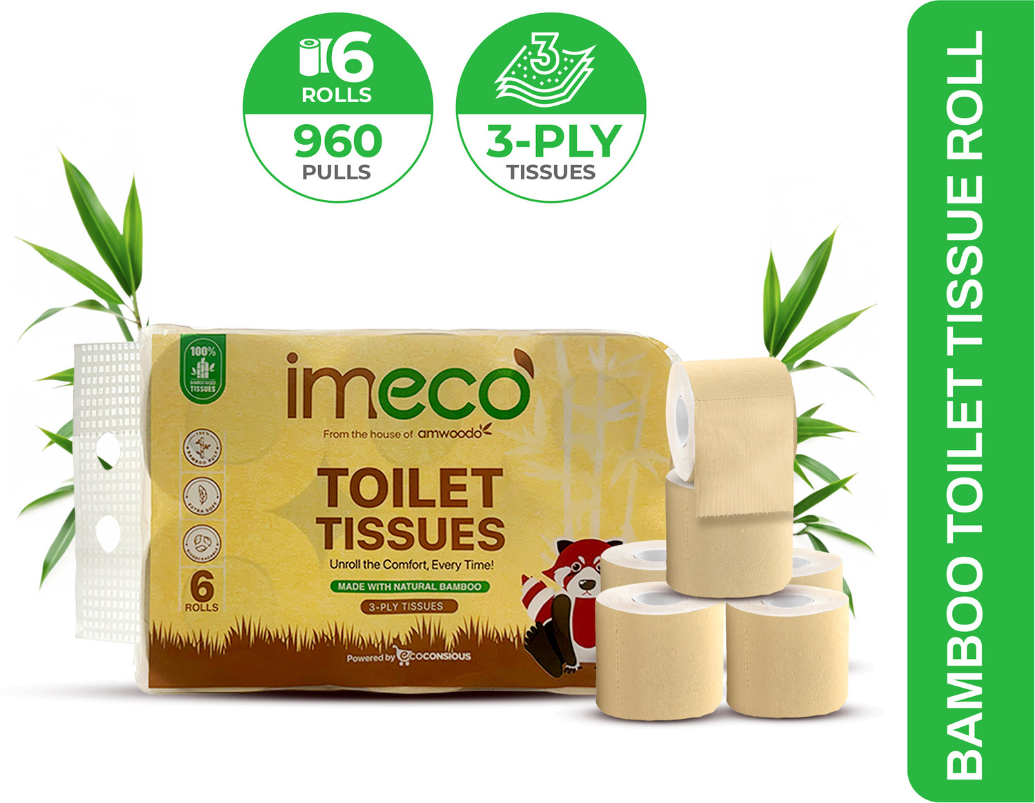 Image of IMECO Bamboo Toilet Tissue 960 Pulls | 6 Rolls Pack | Unbleached, Soft & Absorbent | Toilet Paper Roll