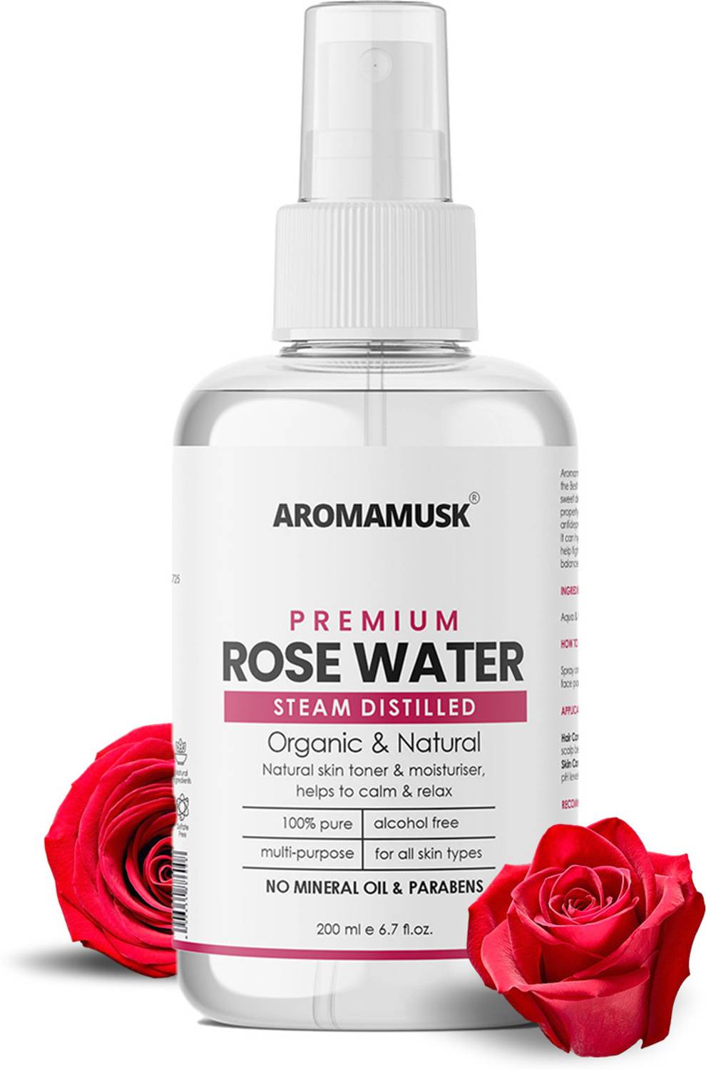 aromamusk 100% Organic & Natural Rose Water For Face & Skin, 200ml, Toner Men & Women Men & Women