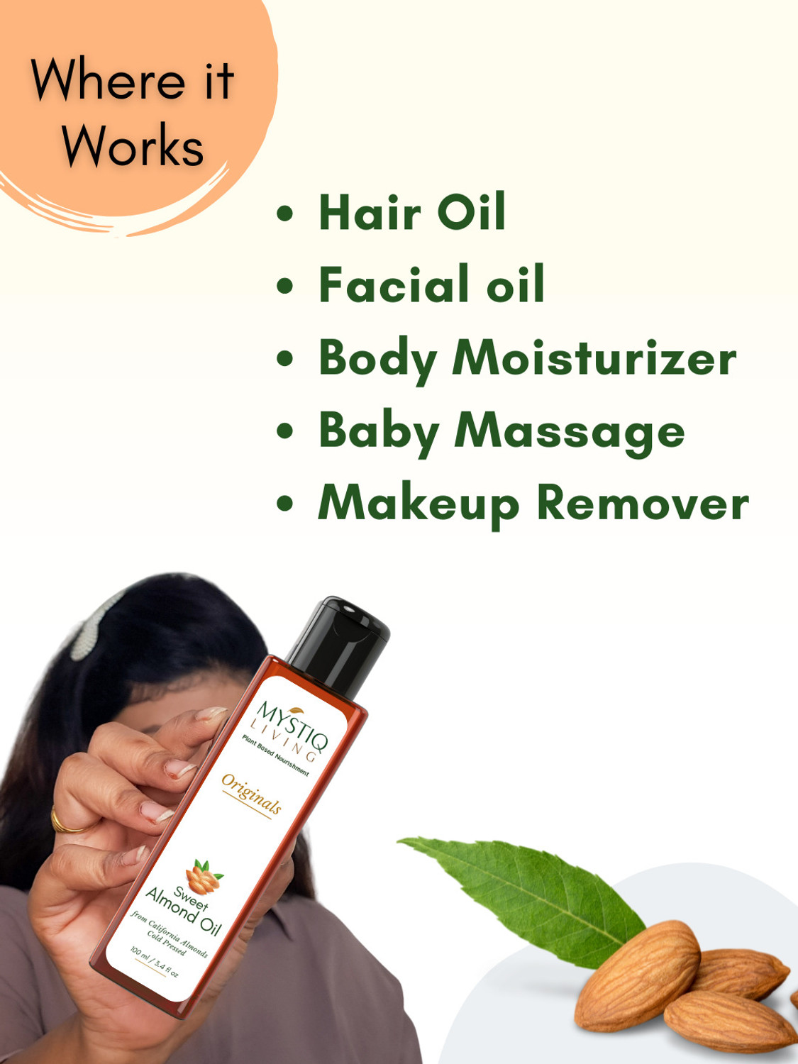 Image of Mystiq Living Sweet Almond Oil | Cold Pressed, Pure and Natural | For Hair, Skin, Face and Body Massage Hair Oil