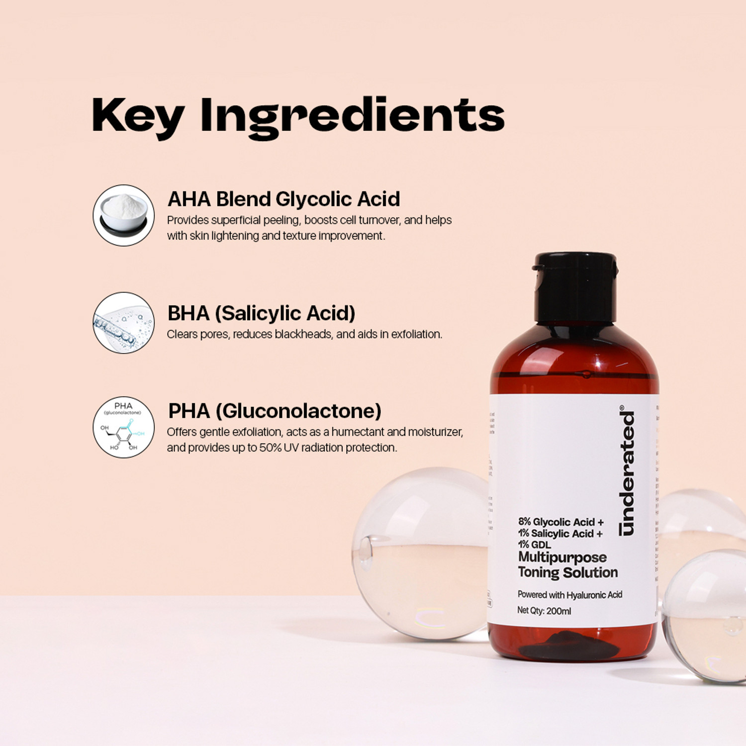 Image of UNDERATED 8% GLYCOLIC ACID + 1% SALICYLIC ACID + 1% GDL MULTIPURPOSE TONING SOLUTION Men & Women
