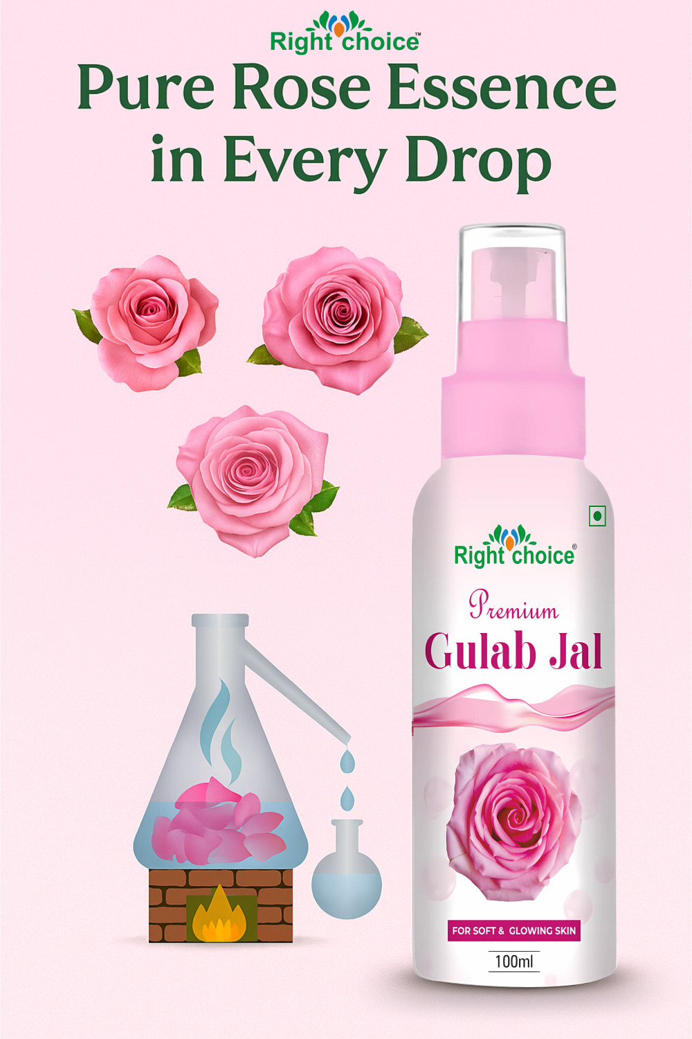 Image of RIGHT CHOICE 100% Organic Rose Water - Toner,Cleanser,Nourishing for Skin Care Men & Women