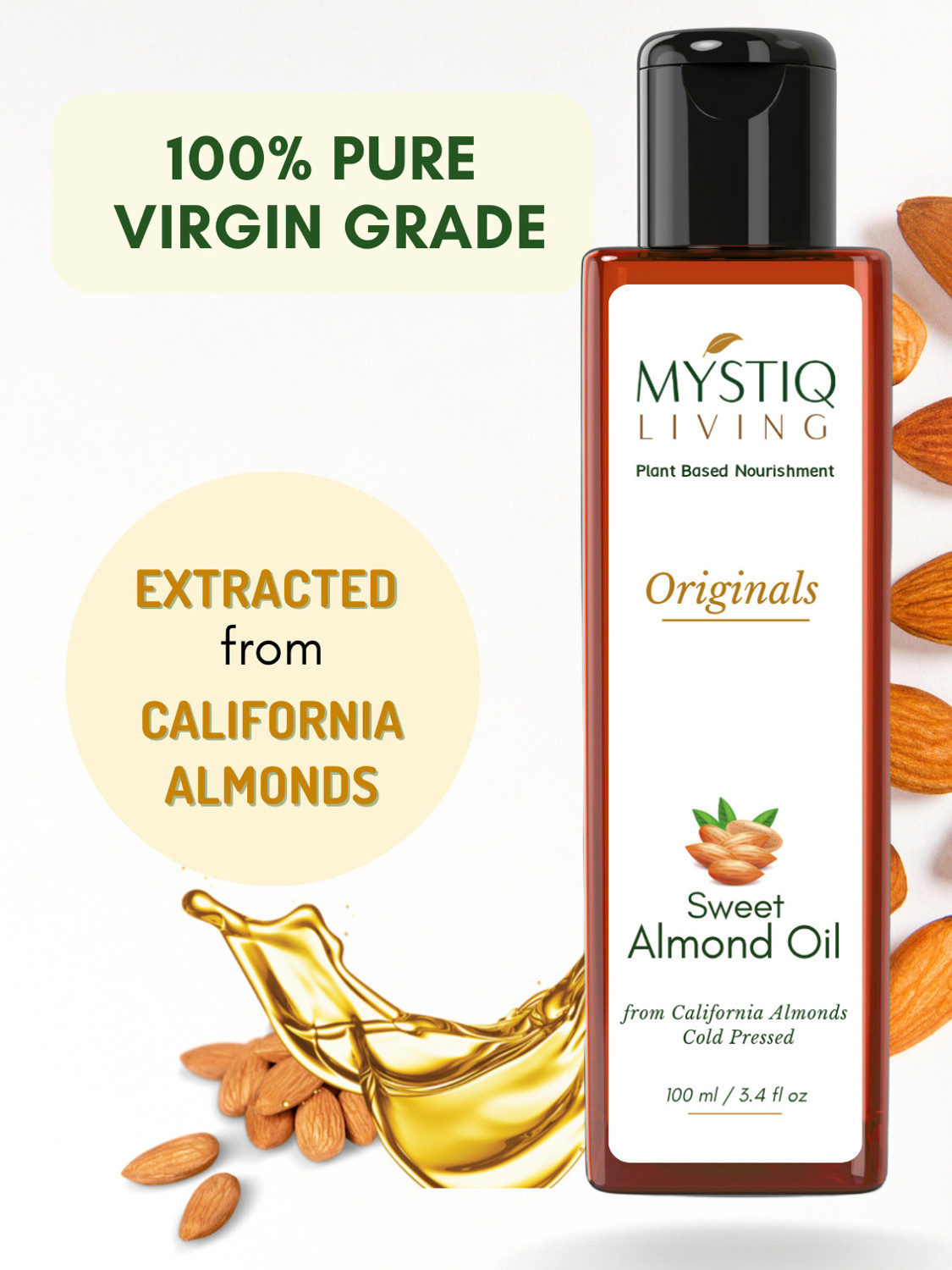 Image of Mystiq Living Sweet Almond Oil | Cold Pressed, Pure and Natural | For Hair, Skin, Face and Body Massage Hair Oil