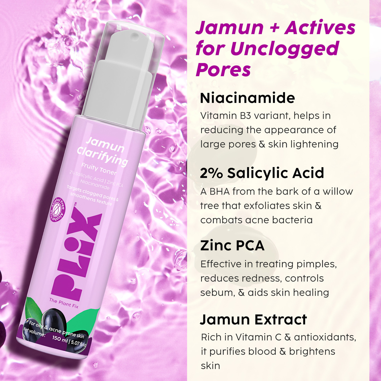 Image of The Plant Fix Plix Jamun Clarifying Fruity Toner Alcohol Free With Niacinamide & Jamun Extract Men & Women