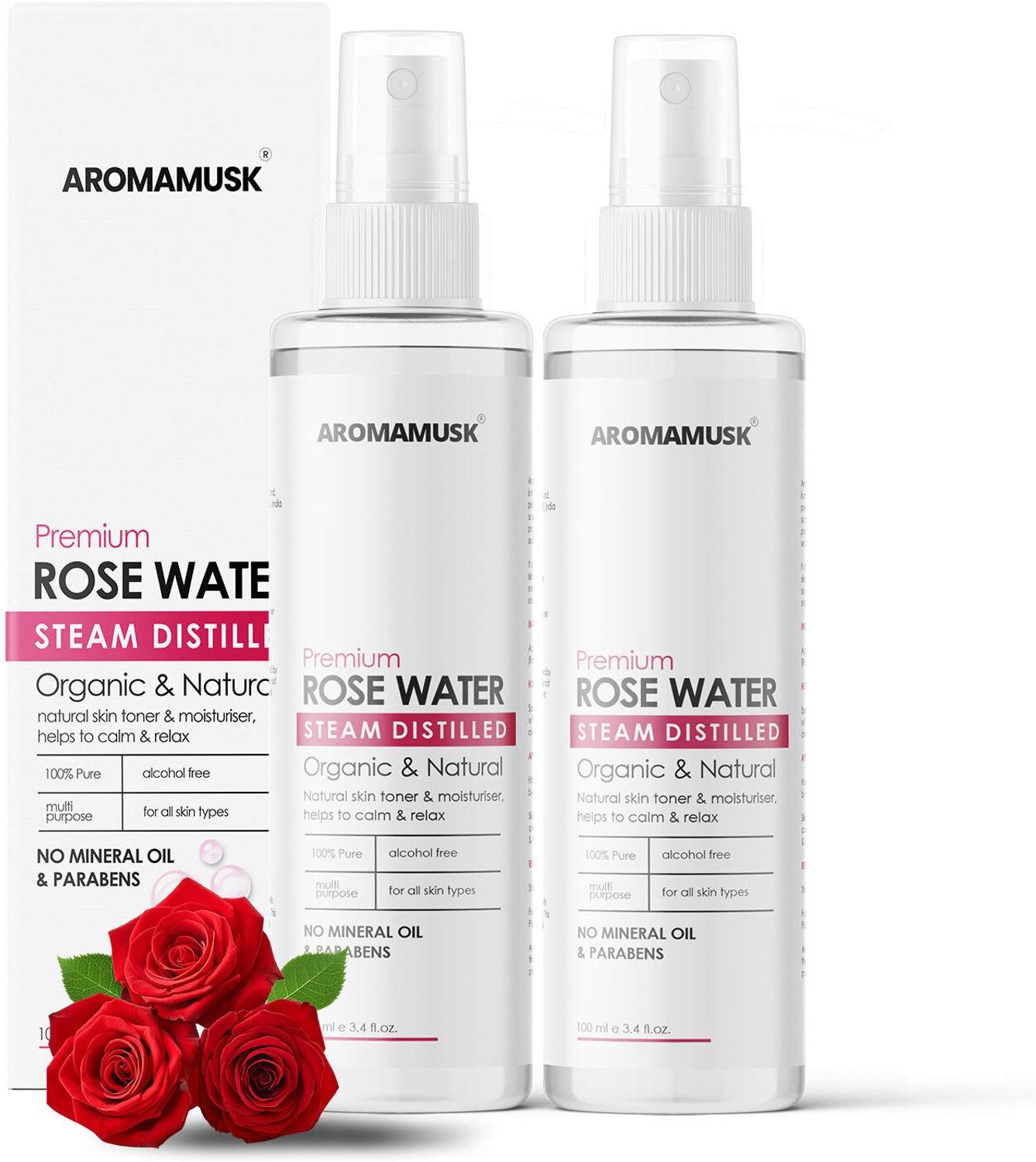 Image of aromamusk 100% Organic & Natural Premium Rose Water For Face & Skin (No Alcohol, Chemical & Paraben Free ) Pack Of 2 Men & Women