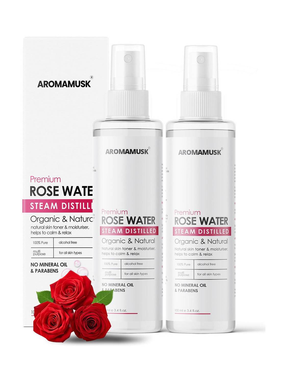 aromamusk 100% Organic & Natural Premium Rose Water For Face & Skin (No Alcohol, Chemical & Paraben Free ) Pack Of 2 Men & Women