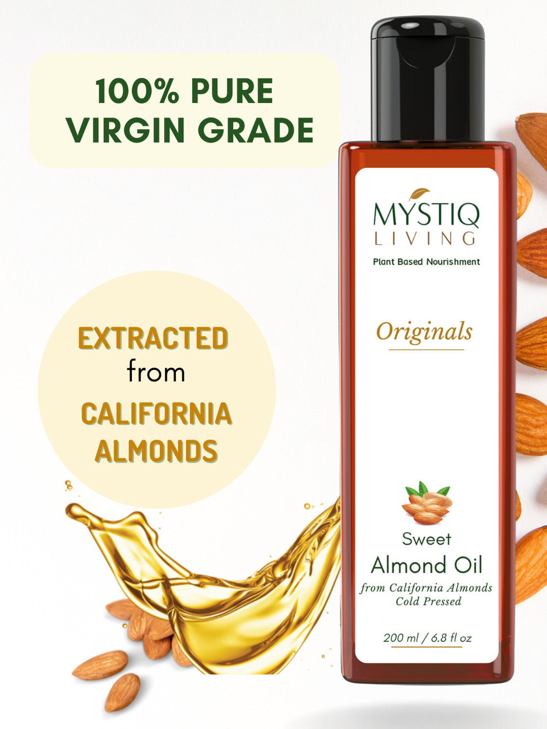 Image of Mystiq Living Sweet Almond Oil | Cold Pressed, Pure and Natural | For Hair, Skin, Face and Body Massage Hair Oil