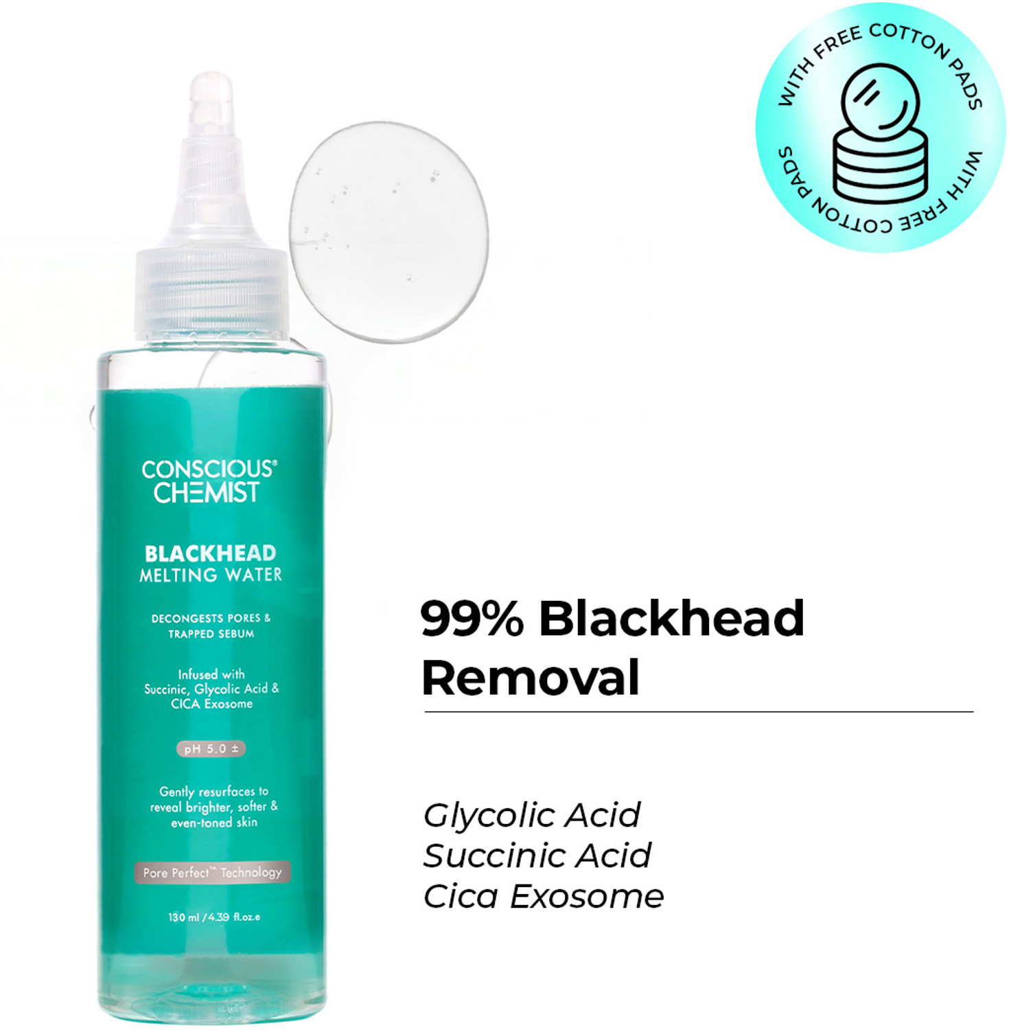Conscious Chemist Blackhead Melting Water | Succinic, Glycolic Acid & CICA Exosome. Smooth Pores Men & Women