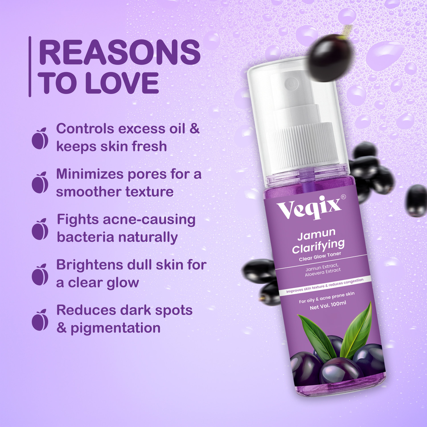 Image of veqix Jamun Active Acne Regime, Toner, Cleanser, 2% Salicylic Acid Serum & Moisturizer